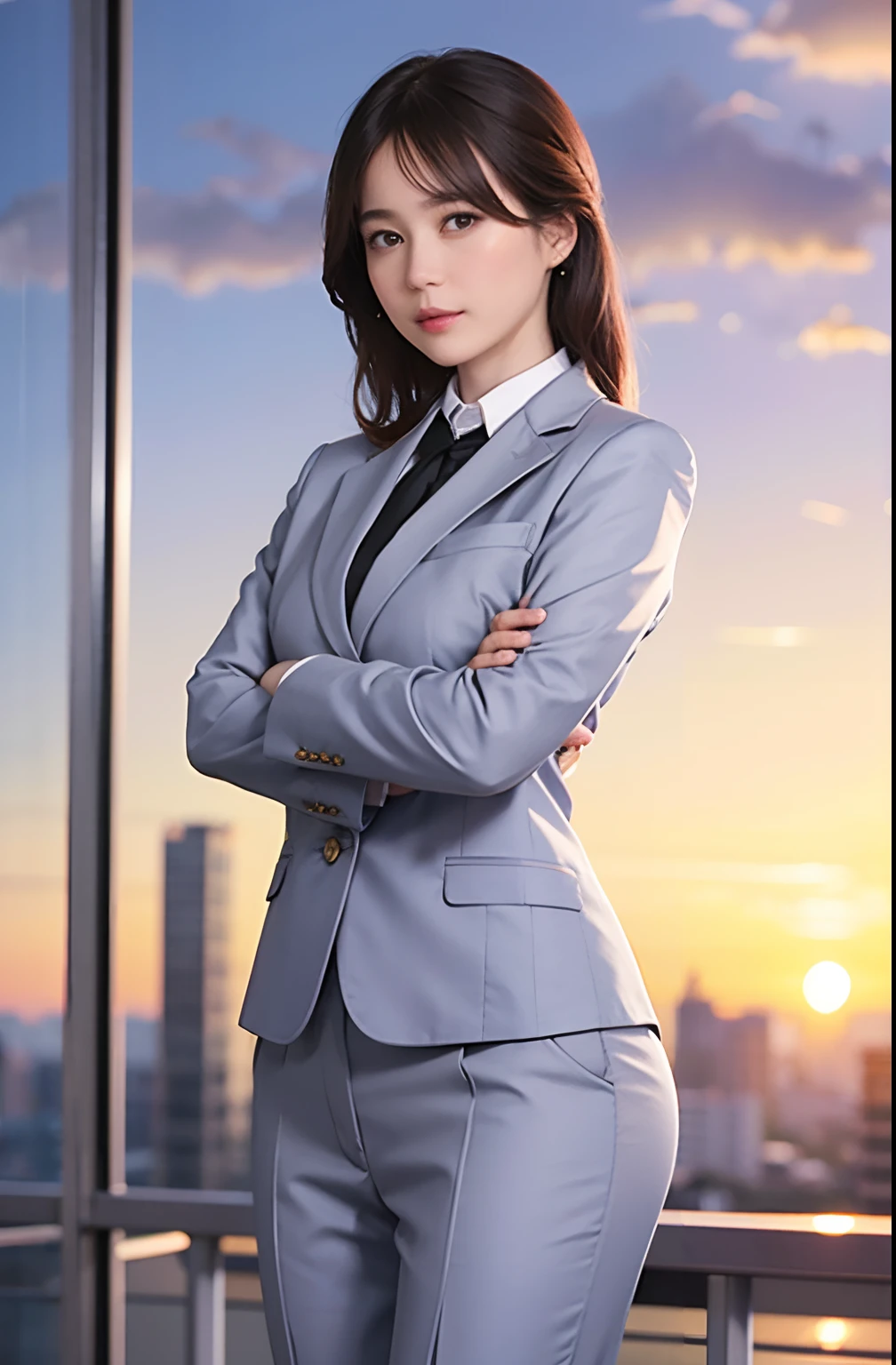 1girl,solo, parted lips, office lady, business suit ,
skyline, cloud,sunset, arms behind head, looking at viewer,