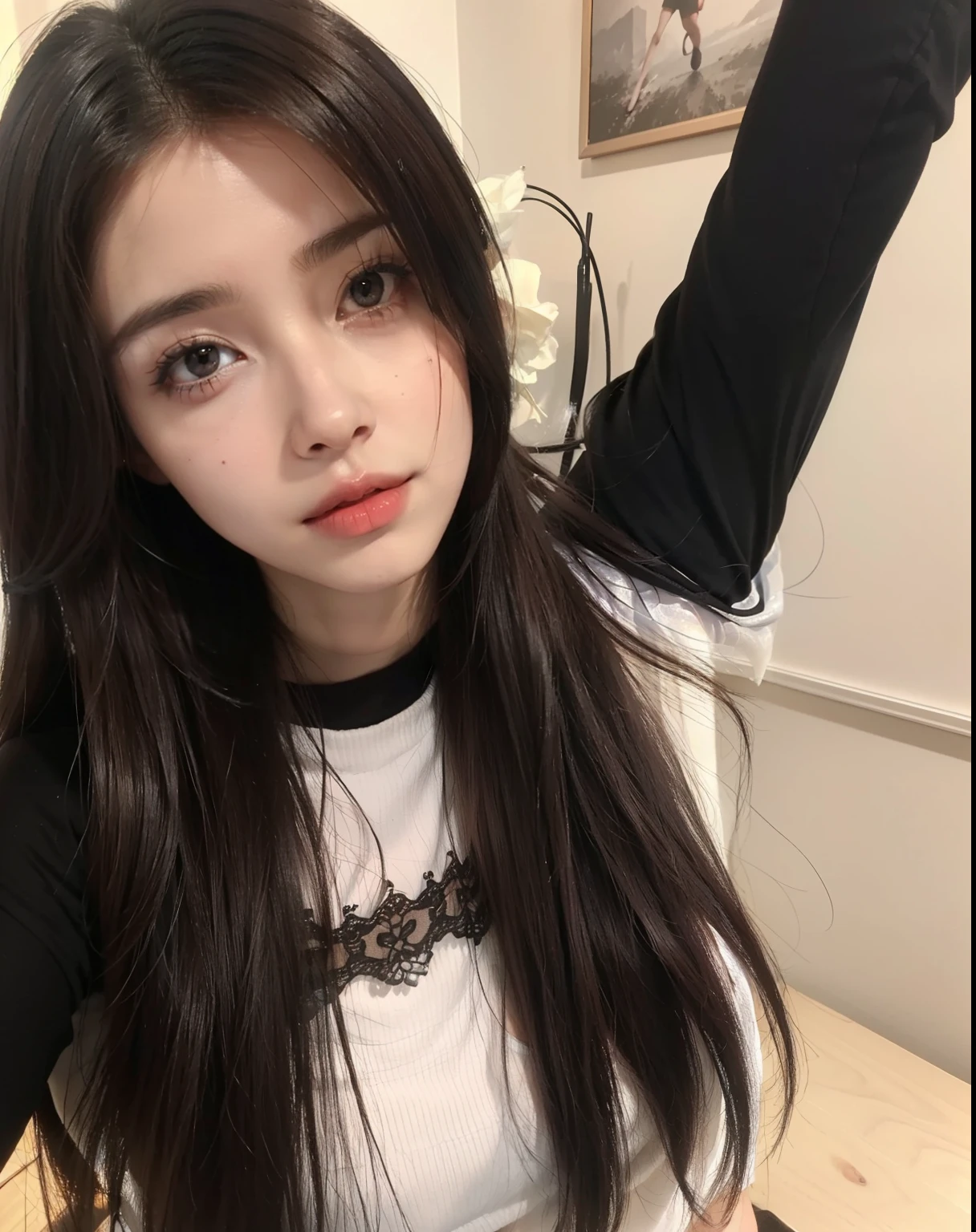 ((Realistic lighting, Best quality, 8K, Masterpiece: 1.3)), Clear focus: 1.8, 1 Pretty girl, ((Idol CPOP: 1.3)), Perfect beauty: 1.4, Slim abs: 1.1, ((dark brown hair)), exquisite facial features, body Tshirt, fantasy XIV, Short skirts, slim figure, (indo...