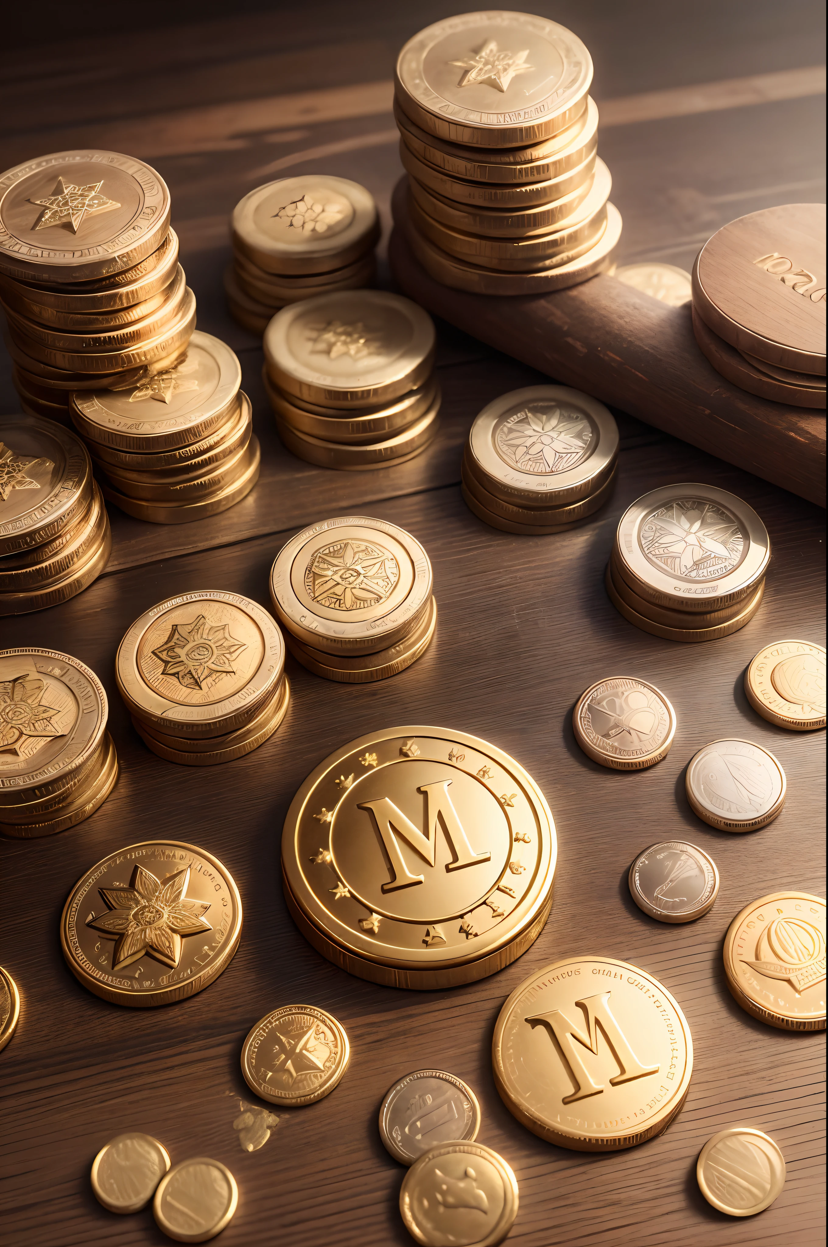 "Descreva a imagem de duas moedas de ouro realistas, cada uma com um "M" capital and imposing in the center, on top of an aged wooden surface with the name "Mentes e Moedas" on top of the surface. The coins are side by side, Shining in the Light, e o "M" it seems to be fused on the surface of the coins. How would you interpret the meaning of "M" nesse contexto? O que isso evoca em termos de riqueza, power or influence?"