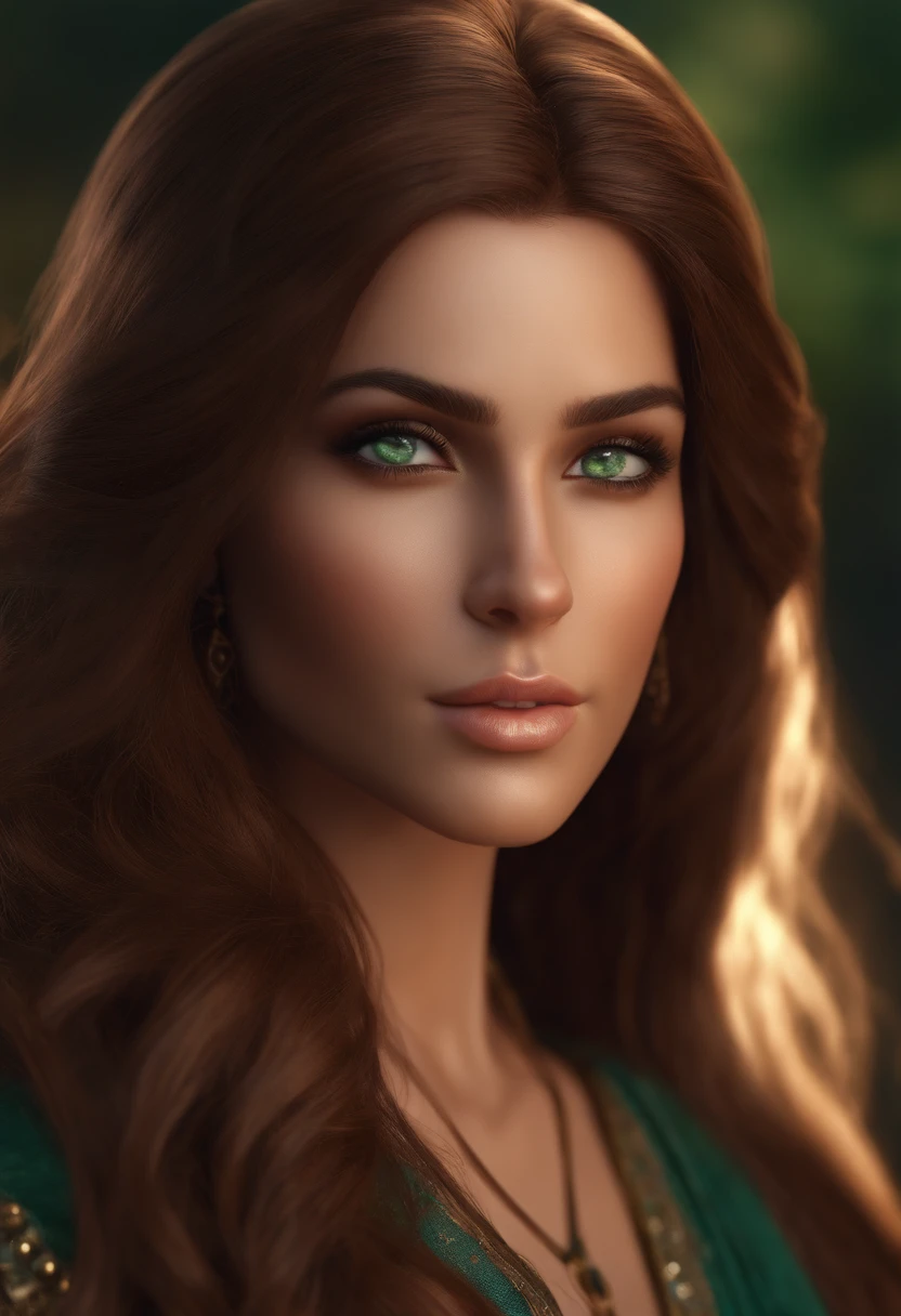 beautiful female avatar from the front with greenish eyes with long brown hair