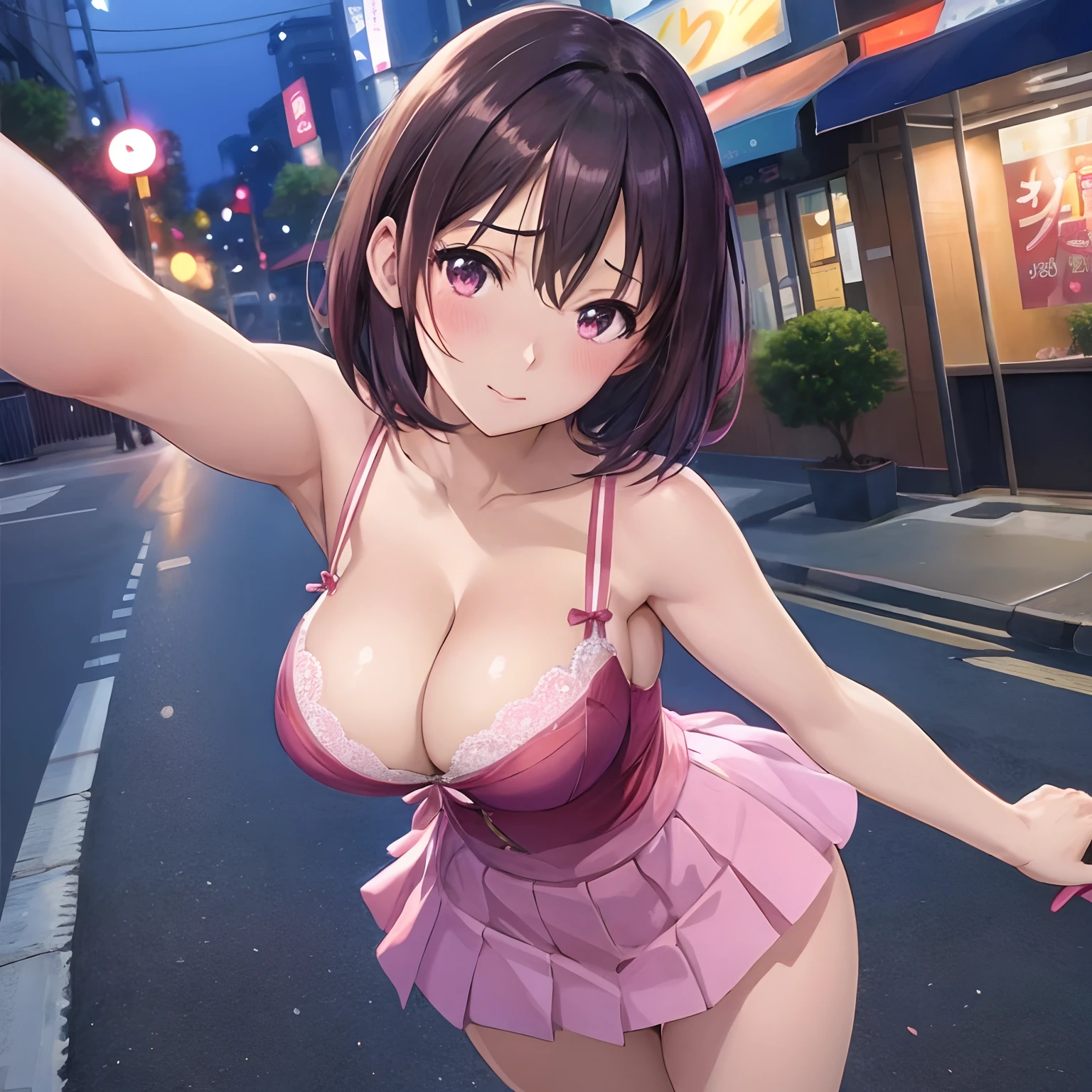 Anime girl in pink dress posing on street corner, Seductive Anime Girl, oppai, Smooth Anime CG Art, hanayamata, charming anime girls, biomechanical oppai, an oppai cyberpunk, anime moe art style, beautiful alluring anime woman, makoto shinka, Ilya Kuvshinov. 4 k, Beautiful anime girl