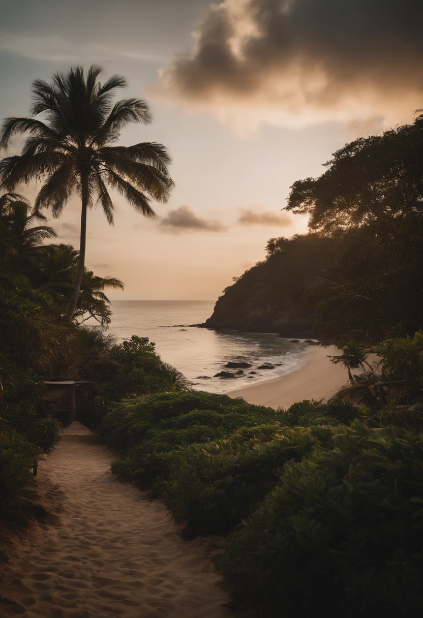 uma pousada em uma praia paradisiaca, realista, entrada da pousada
