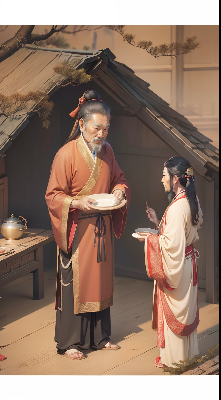 Li Shizhen is an old man，Tall，Long hair shawl，Wear Tang dynasty costumes，The body is plump and full，Feel at ease，Stand in front of the wooden house，Admire the wormwood growing on the ground，The wooden house is at the foot of the mountain，Sunset，There are several hanging trees nearby。