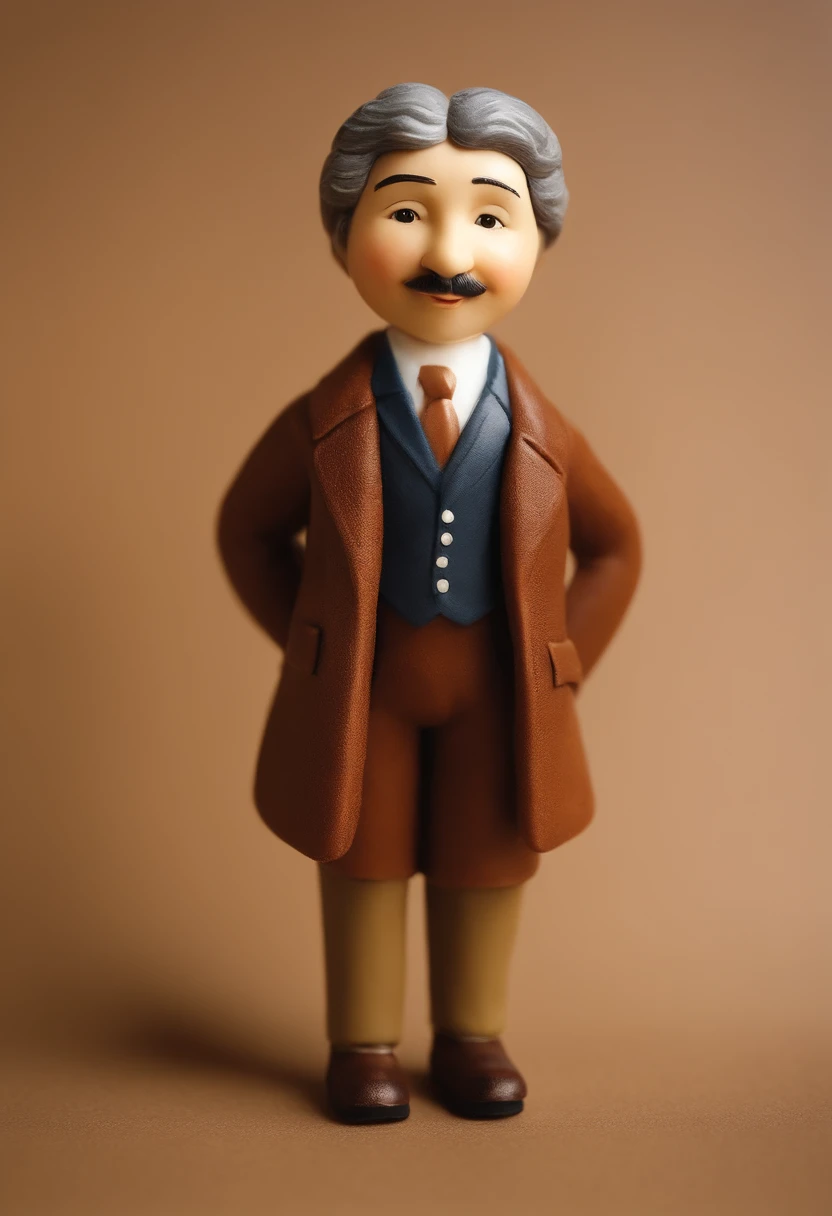 Generate an AI-generated image of a cute little figure inspired by Seymour Papert, the renowned educator. The figure should be approximately 4 inches tall and have a friendly, cute and approachable expression on its face, with a warm smile and kind eyes. The hair should be depicted as short, wavy strands in a deep brown color. The figure should be dressed in a cozy, casual outfit such as a tiny sweater or a shirt with rolled-up sleeves, showcasing Freire’s down-to-earth nature. To represent his Brazilian heritage, the figure could have a miniature Brazilian flag pin attached to the lapel or a small Brazil-themed accessory like a miniature soccer ball. It would be wonderful if the figure could be holding a small robot or a computer, symbolizing Papert's dedication to education and critical thinking. The aim is to create an adorable representation. I need a plain background to remove it after. Please generate an image based on this description.