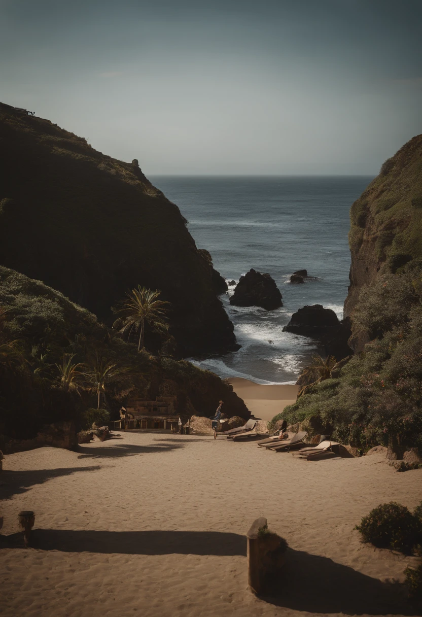 uma pousada na praia, realista, entrada da pousada, pousada bonita, pousada de madeira