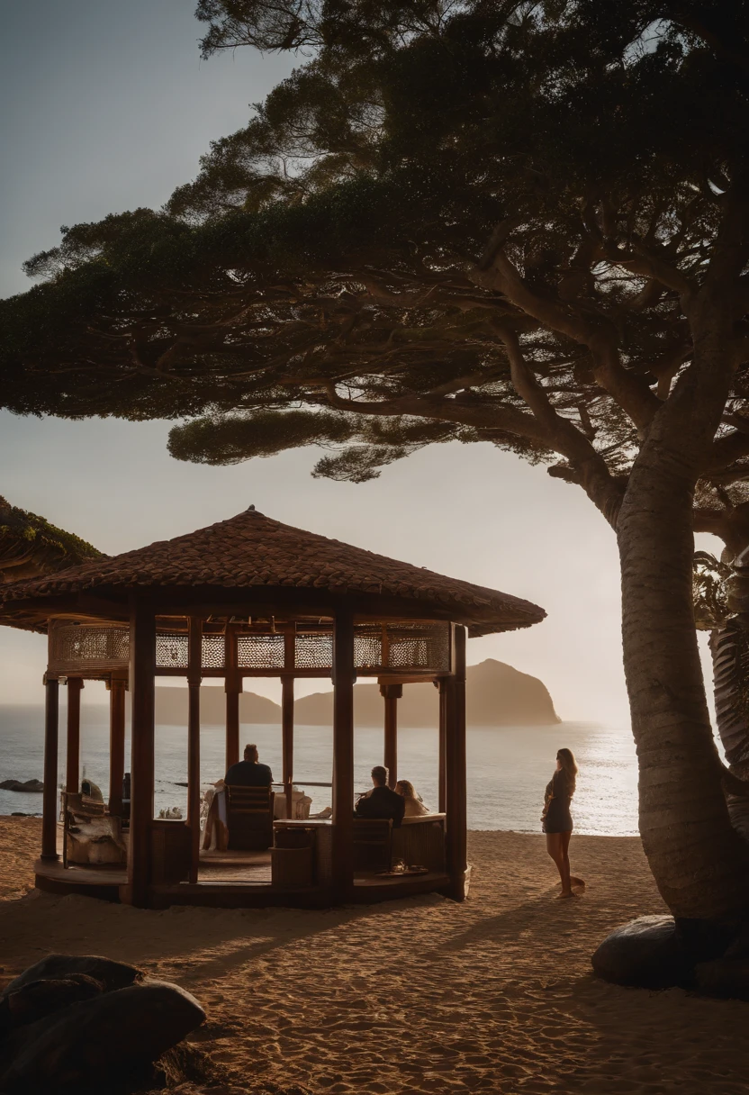 uma pousada na praia, realista, entrada da pousada, pousada bonita, pousada de madeira