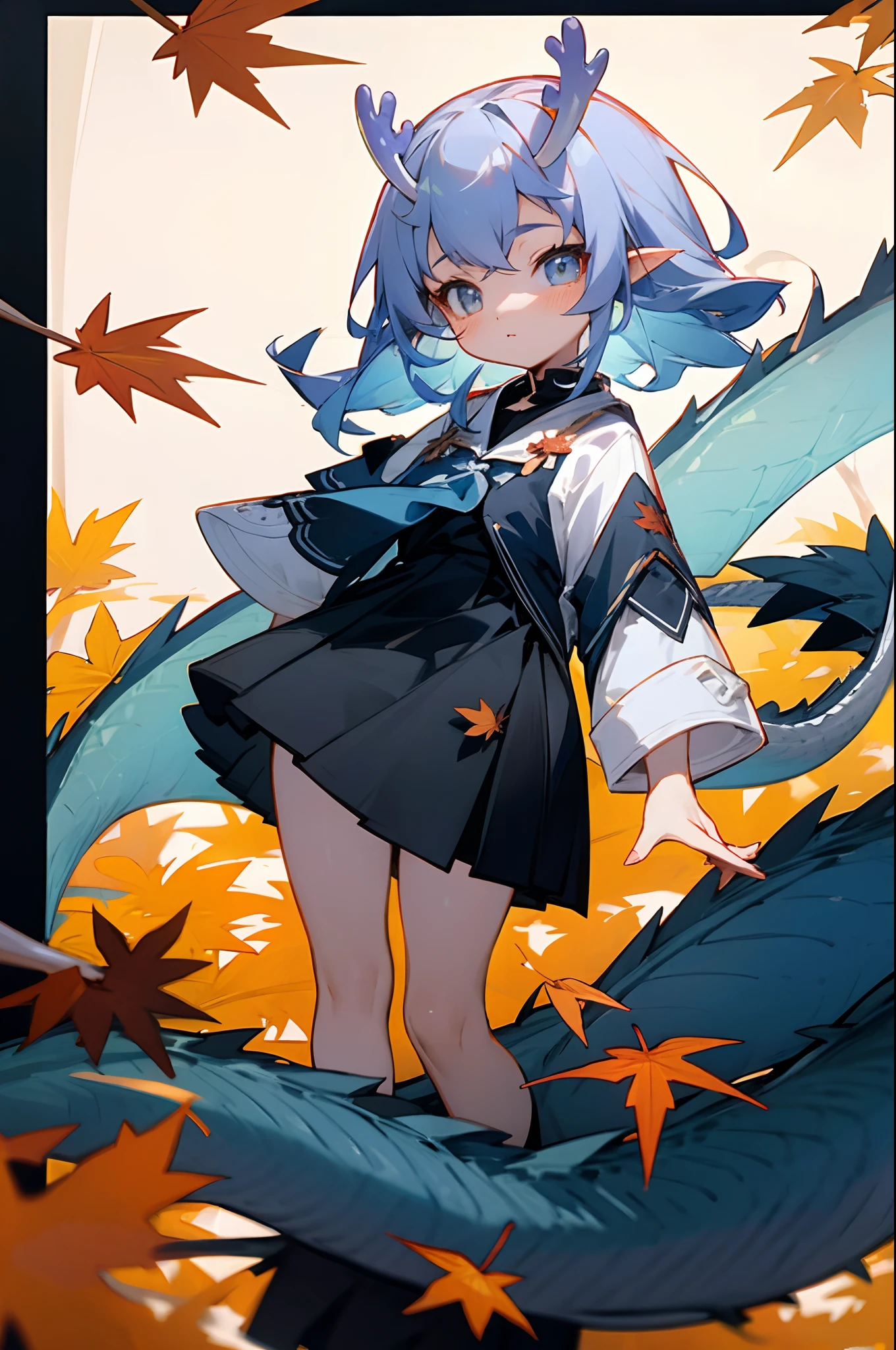 bit girl，autumnal，Maple leaves，Black and white school uniform，blue hairs，Little Dragon Girl