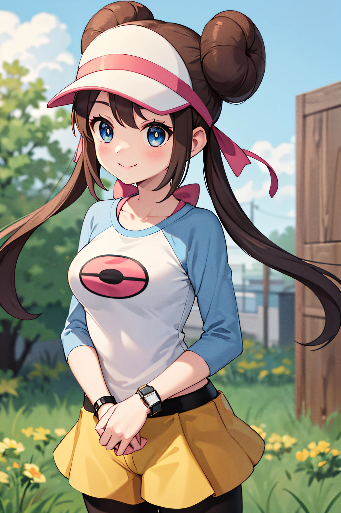 masterpiece, best quality, highres, ro1, hair bun, blue eyes, twintails, visor cap, pantyhose, raglan sleeves, yellow shorts, shirt, pink bow, wristwatch, standing, cowboy shot, field, poke ball \(basic\), smile