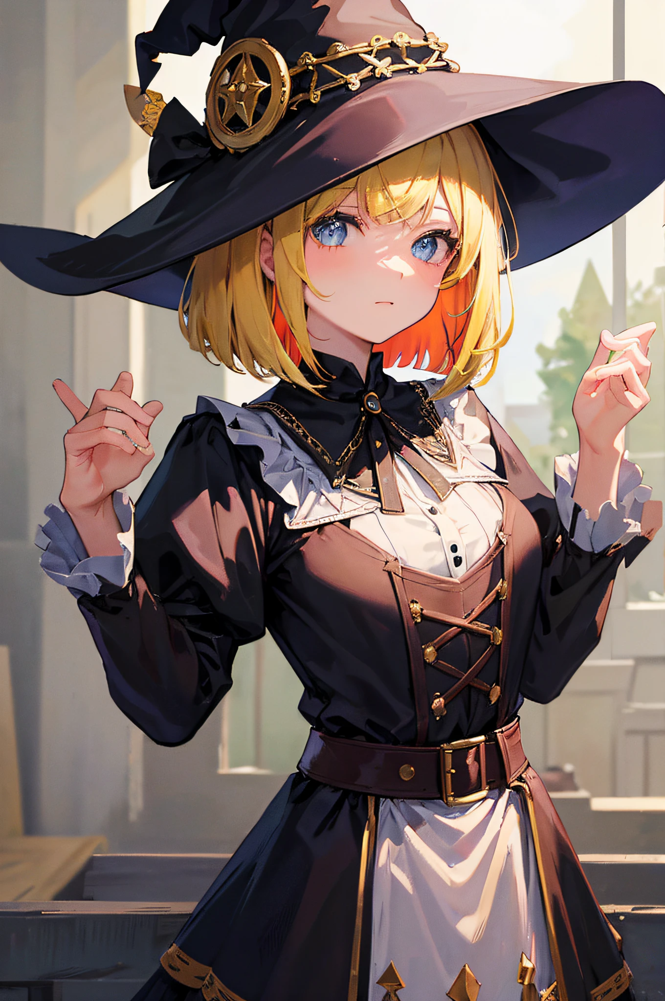 masterpiece,best quality,1girl,solo,bob cut,multicolored hair,blonde hair,black hair,witch,witch clothes,witch hat