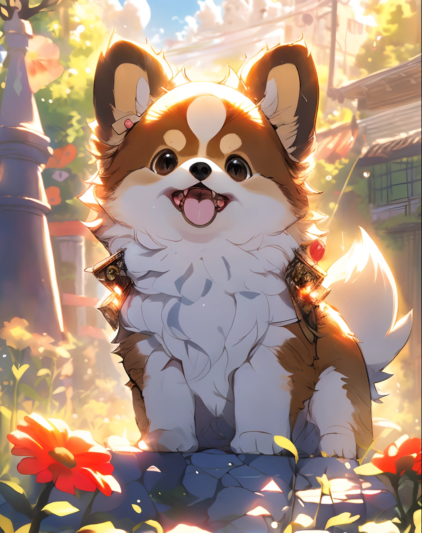 1 pomeranian puppy, cute, outdoors, god rays, kawaii, slice of life, studio ghibli, (masterpiece:1.2), (best quality:1.2), Amazing, highly detailed, beautiful, finely detail, Depth of field, extremely detailed CG unity 8k wallpaper,