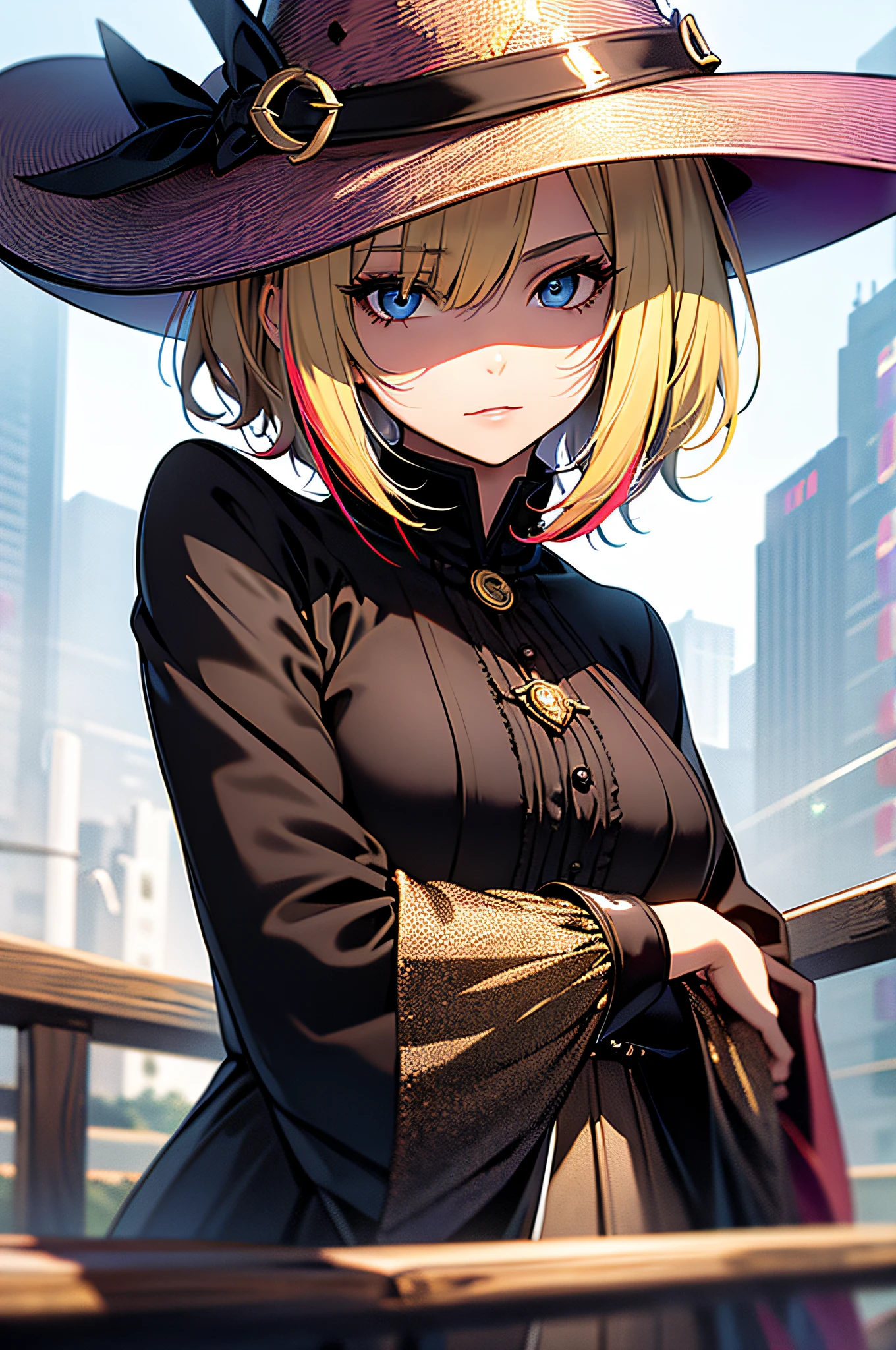 masterpiece,best quality,1girl,solo,bob cut,multicolored hair,blonde hair,black hair,witch,witch clothes,witch hat