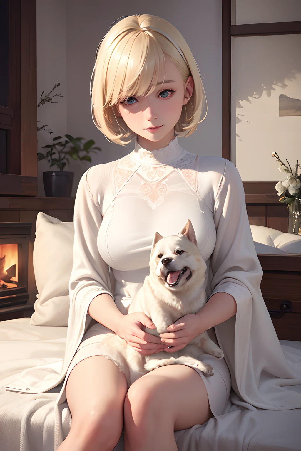 (a blonde girl with a short haircut and a white dog sitting in a quartet, cold, freezing, warm blankets on them), (best quality, 4k, 8k, highres, masterpiece:1.2), ultra-detailed, (realistic, photorealistic, photo-realistic:1.37), illustrations, cozy atmosphere, winter landscape, soft lighting, vibrant colors, harmonious composition, expressive faces, detailed dog fur, captivating eyes, relaxing scene, tranquil music, intimate setting, frosty breath, comforting warmth