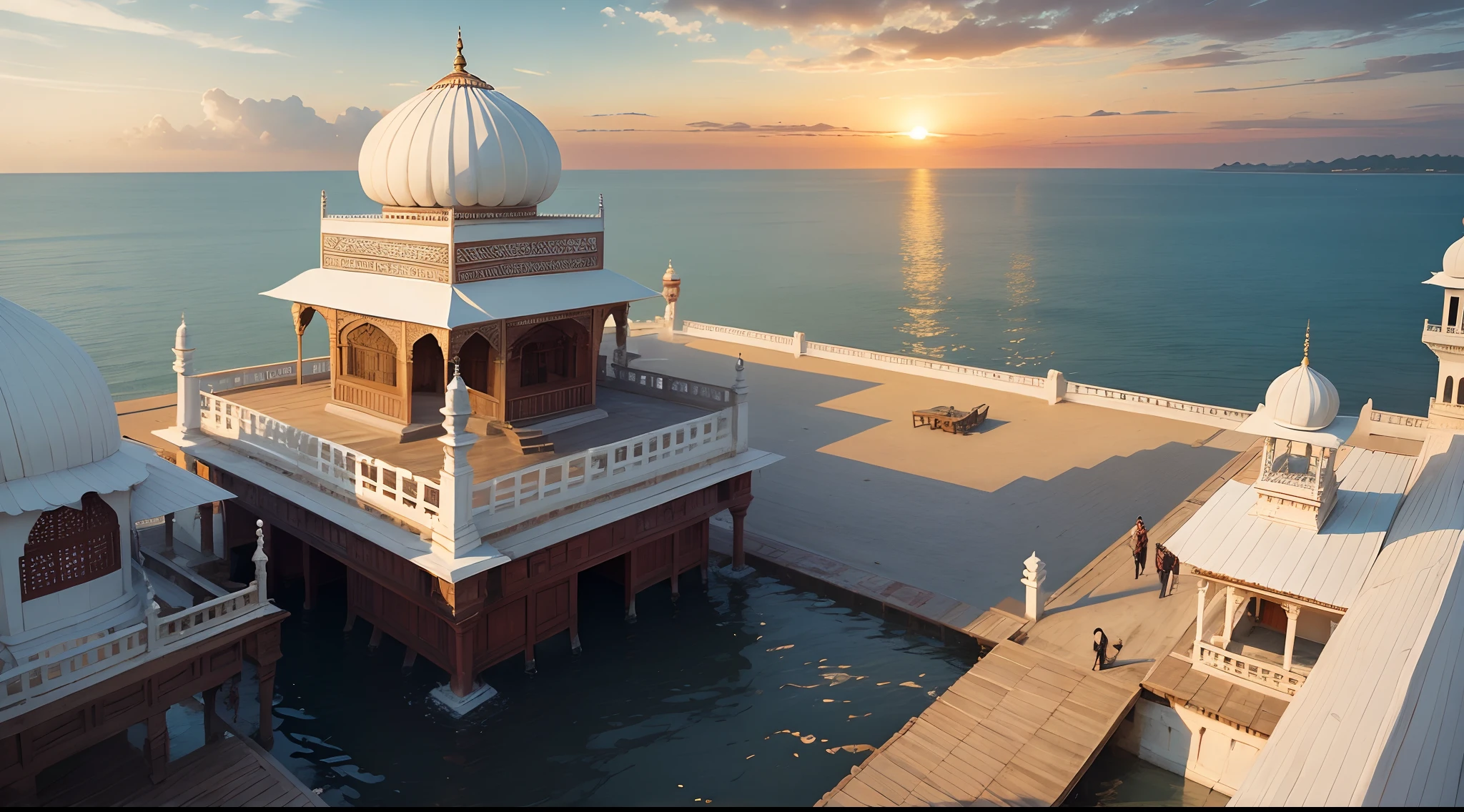 Dock of Calicut, India, Bharat, indian style, indo-muslim style, mixture of muslim and indian style, 15th cenutry, medieval age, exterior, india and hinduism element in architecture, white roof and white wall, humid and wet