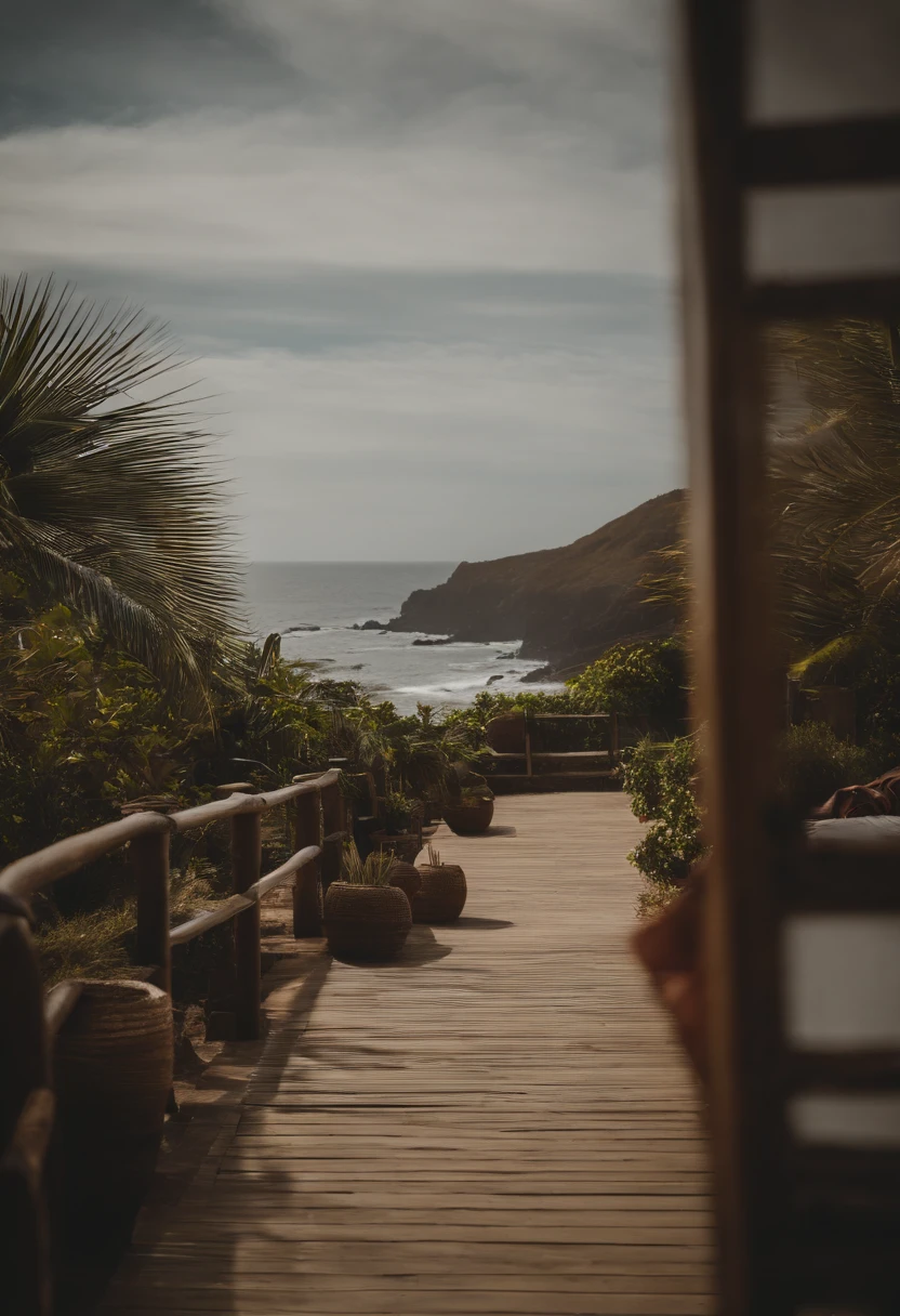 uma pousada na praia, realista, entrada da pousada, pousada bonita, pousada de madeira, quarto da pousada
