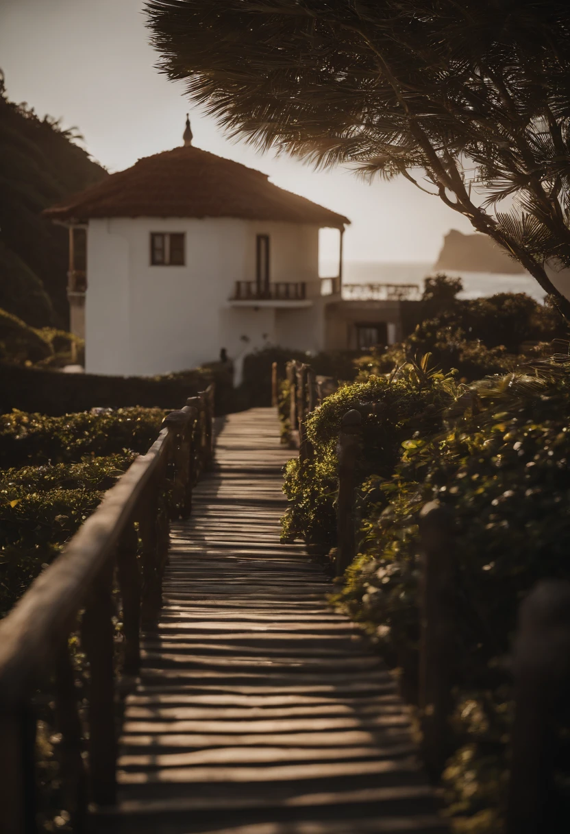 uma pousada na praia, realista, entrada da pousada, pousada bonita, pousada de madeira, quarto da pousada