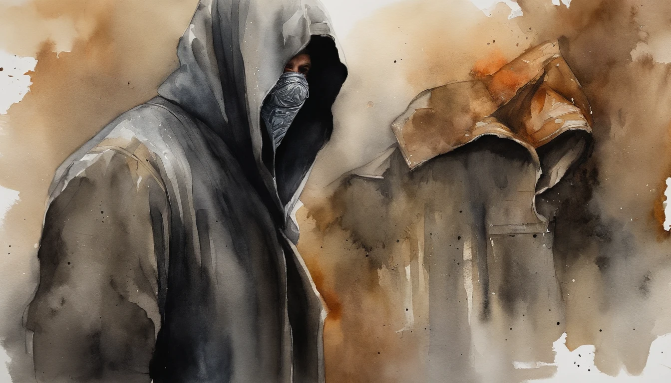 Um personagem masculino de 32 anos sem barba ,usando roupas pretas,bota robusta suja, used pants, colete, she wore a black overcoat with a hood covering her head;, a cloth mask covering his face