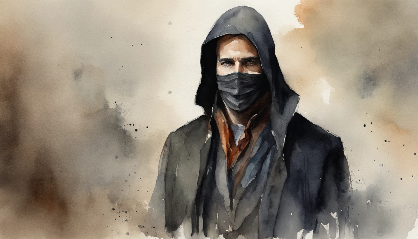 Um personagem masculino de 32 anos sem barba ,usando roupas pretas,bota robusta suja, used pants, colete, she wore a black overcoat with a hood covering her head;, a cloth mask covering his face