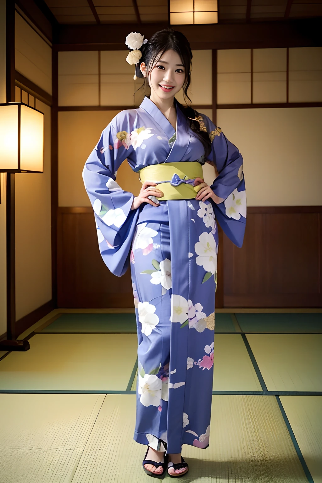 ((top-quality、masterpiece、photographrealistic:1.4、in 8K))、beautiful japanese female1a person、25years old、beautiful hairl、delicate and beautiful face、Eyes and faces with detailed 、(traditional Japanese room:1.2)、(Colossal tits:1.2)、Beautiful lighting、A smile、Textured skin、Super Detail、high detailing、High quality、hight resolution、(Kimono:1.3)、bangss、full body Esbian、Stand up and pose、Detailed mouth、Opening Mouth
