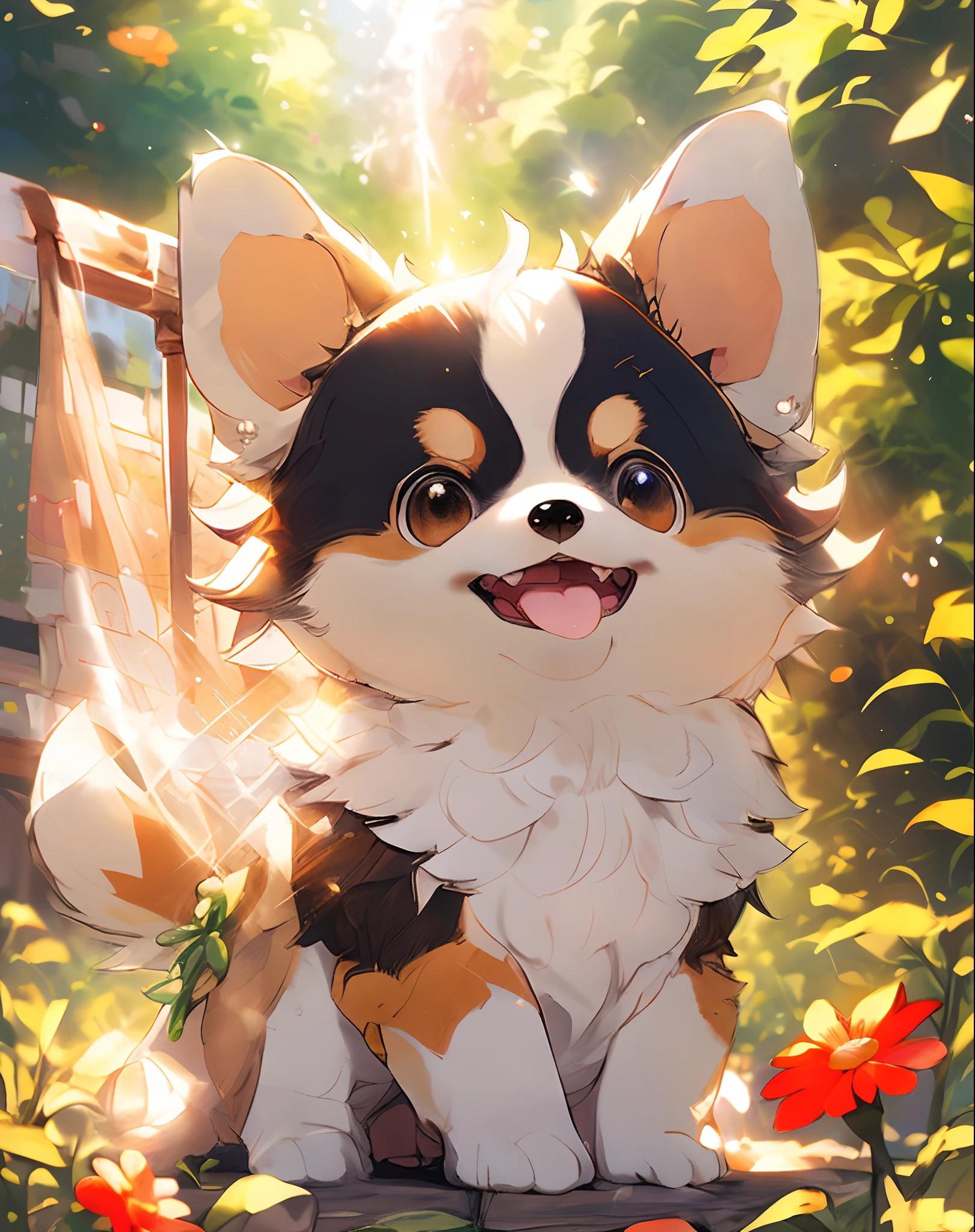 1 pomeranian puppy, cute, outdoors, god rays, kawaii, slice of life, studio ghibli, (masterpiece:1.2), (best quality:1.2), Amazing, highly detailed, beautiful, finely detail, Depth of field, extremely detailed CG unity 8k wallpaper,