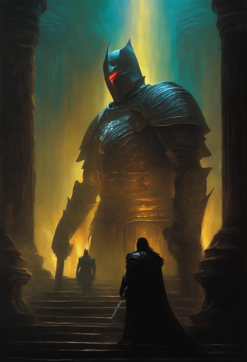 dark fantasy, oil painting style, 1980's dvd, knight, ray tracing effects, cyberpunk, berserk