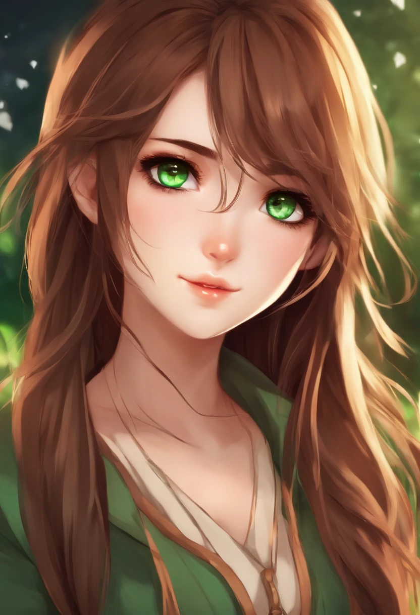 Cute female anime avatar with green eyes long brown hair