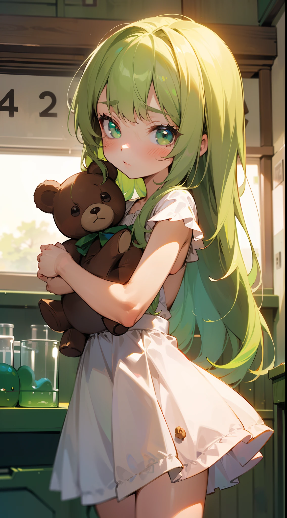 (Original Character,8k, Masterpiece, Best Quality,Detailed, Beautiful Detailed Eyes, solo),((1loli girl,4 years old)),((small body)),little white dress,green hair,long hair,green eyes,loli,solo,cute,timid face,blush,cowboy shot,(standin in a biological laboratory holding a brown teddy bear)