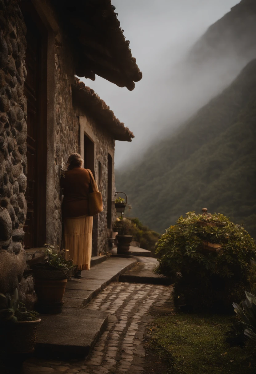uma pousada na montanha, realista, entrada da pousada, pousada bonita, pousada de madeira, quarto da pousada, frio, altitude