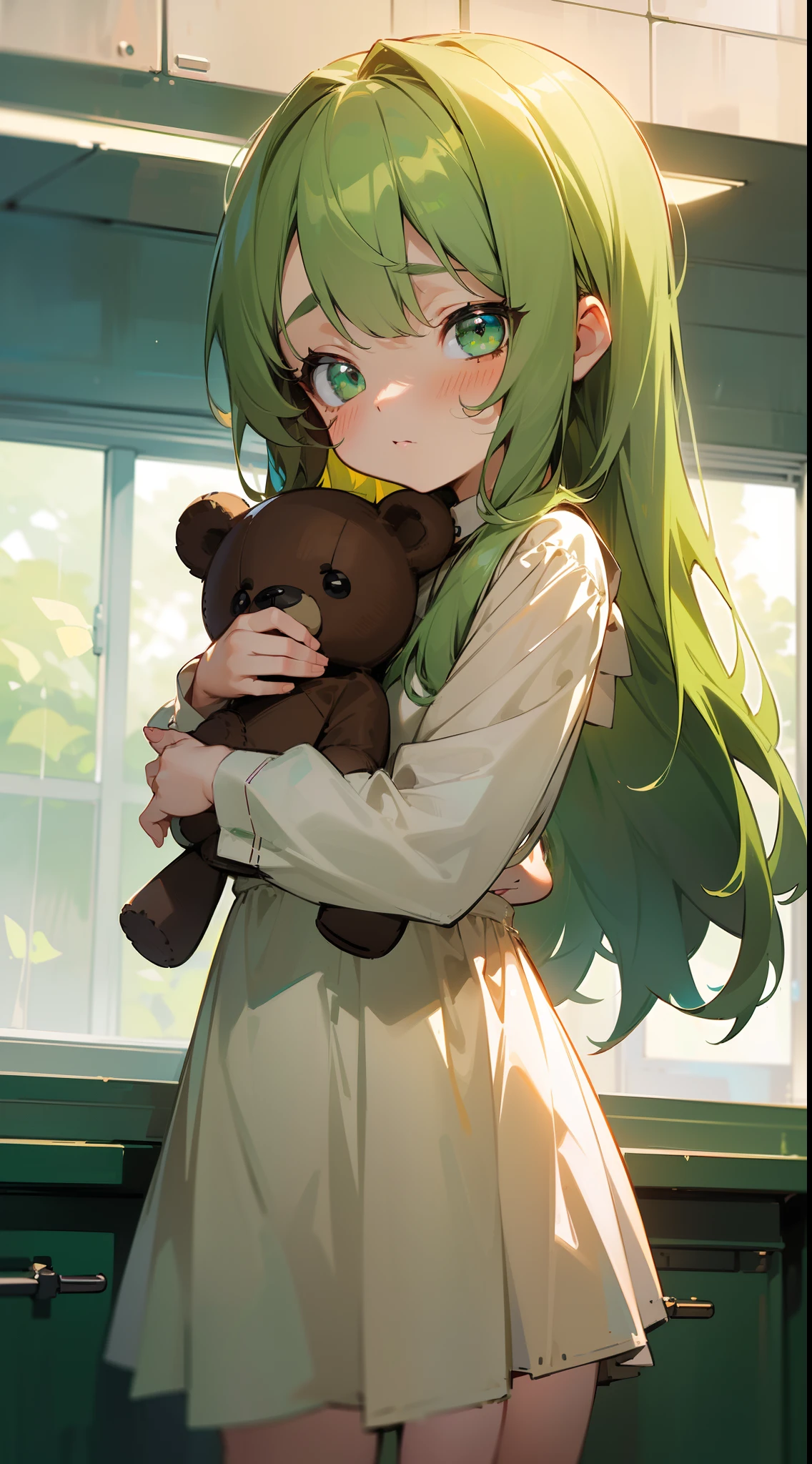 (Original Character,8k, Masterpiece, Best Quality,Detailed, Beautiful Detailed Eyes, solo),((1loli girl,4 )),((small body)),little white dress,green hair,long hair,green eyes,loli,solo,cute,timid face,blush,cowboy shot,(standin in a biological laboratory holding a brown teddy bear)