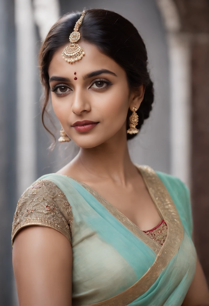 portrait of a confident Indian woman in a saree, in temple, 20 years old, confident, top notch 3d model, extremely beautiful, realistic, intricate facial details, no flowing capes, high quality, super detailed, hyper realistic, 8k, studio photo