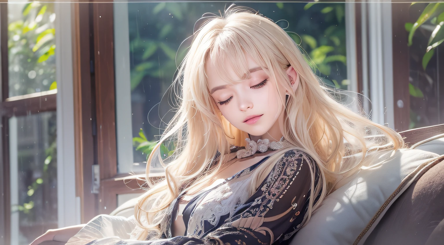 (One girl)、House in the forest、View from outside the window、(heavy rain outside the window:1.2)、(facial close-up: 1.3)、(Downcast eyes:1.5)、(Sleeping on the sofa:1.5)、Sleep tilt、Raw photography、(((Portrait of extreme beauty) ))、The upper part of the body、((Glossy glossy skin))、1 persons、20 year old cute beauty、((Glossy bright platinum blonde) )、disheveled hair、[sparkling bright light blue eyes]、silky fine hair、Straight super long hair、eye liner、Glossy bangs、Fluttering hair、A smile、((​masterpiece、top-quality、ultra-detailliert、A light、intricate-detail、hight resolution、8K in、ighly detailed))、细致背景、8K UHD、hightquality、Shallow depth of field、natural soft light、(perfect hand)、Puritanism Model