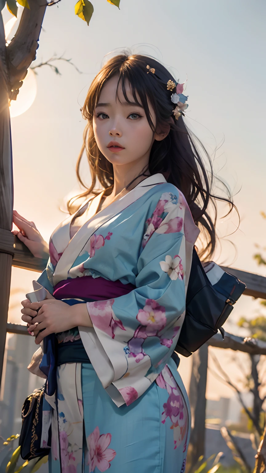 Girl01 anime wearing patern yukata((8k, master piece, hdr, ultra detaile, 9:16 HDR)), at sakura field under the big yellow full moon, stary sky,