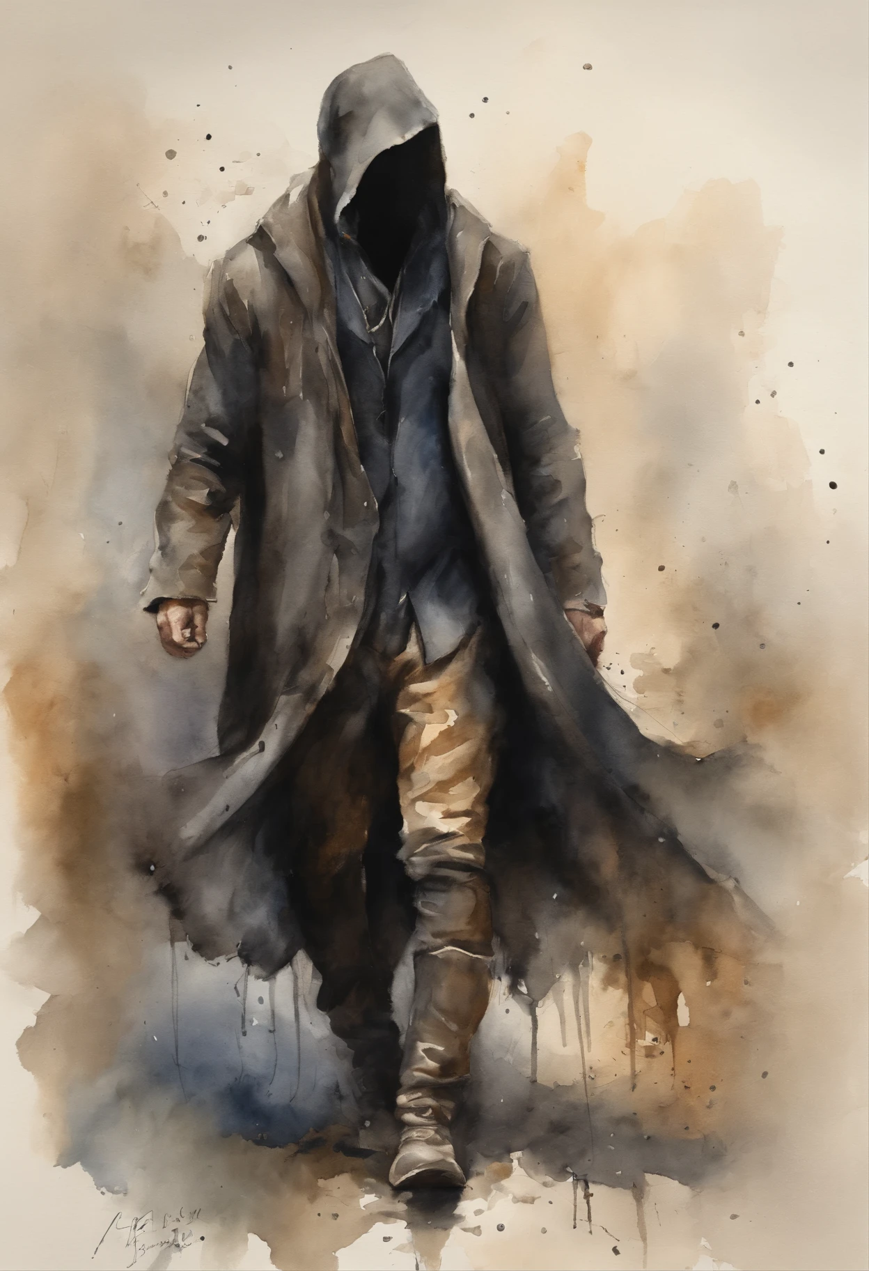 32-year-old male character, Wearing black clothes,Dirty sturdy boots, Wear pants, waistcoat, Wearing a black overcoat with a hood that covers the head, Cloth mask covering his face