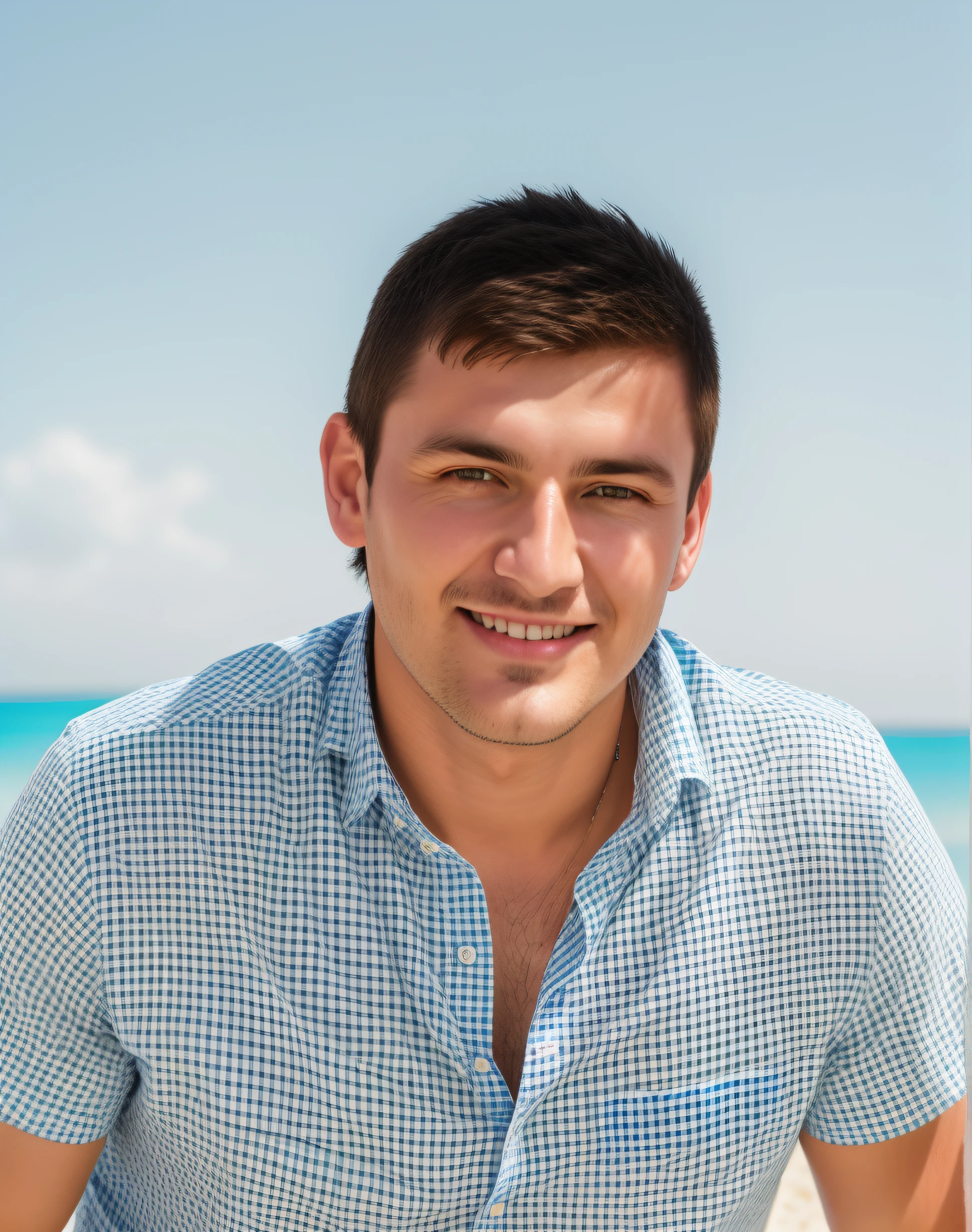 Hombre sonriente con una camisa azul y blanca en la playa, Andrei Ryabovichev, Aleksandr Trufanov, andrei riabovitchevy, Alexey Gurylev, Maxim Shirkov, Vitaly Bulgarov, Bogdan Rezunenko, Rutkovski, Oleg Bulakh, Pavel Shvedov