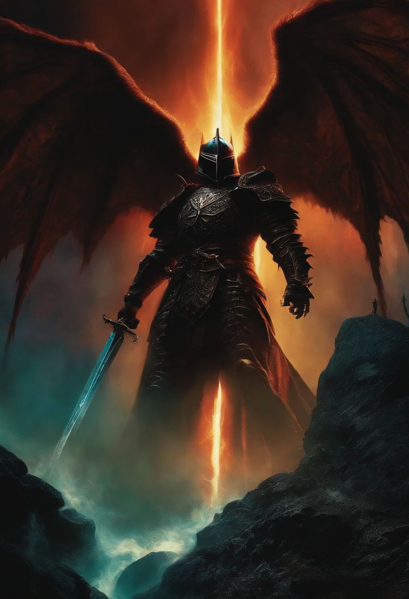 dark fantasy, oil painting style, 1980's dvd, knight, ray tracing effects, cyberpunk, berserk, noisy photo effect