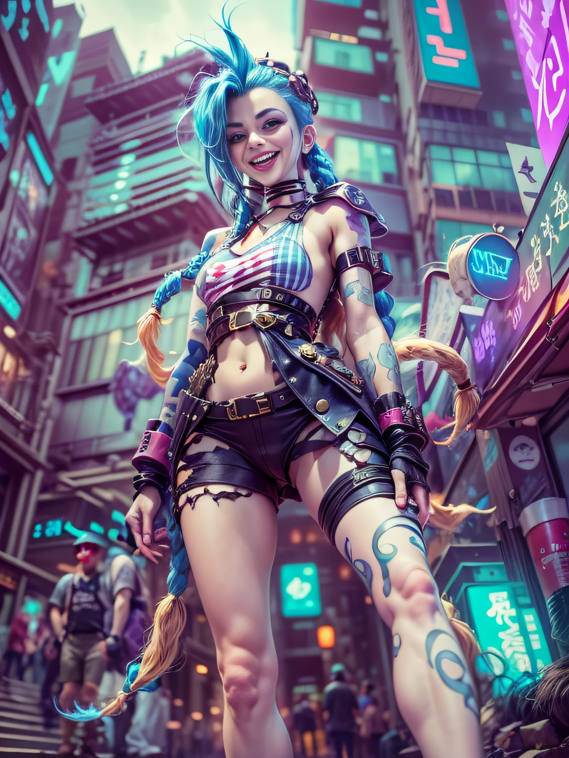 ((Jinx wears a Harajuku Tech costume), (fisheyelens), self-shot, Cowboy shot, Wind, Messy hair, cyberpunk city landscape, (Aesthetics and atmosphere:1.2),Smiling, Laughing,wide wide shot