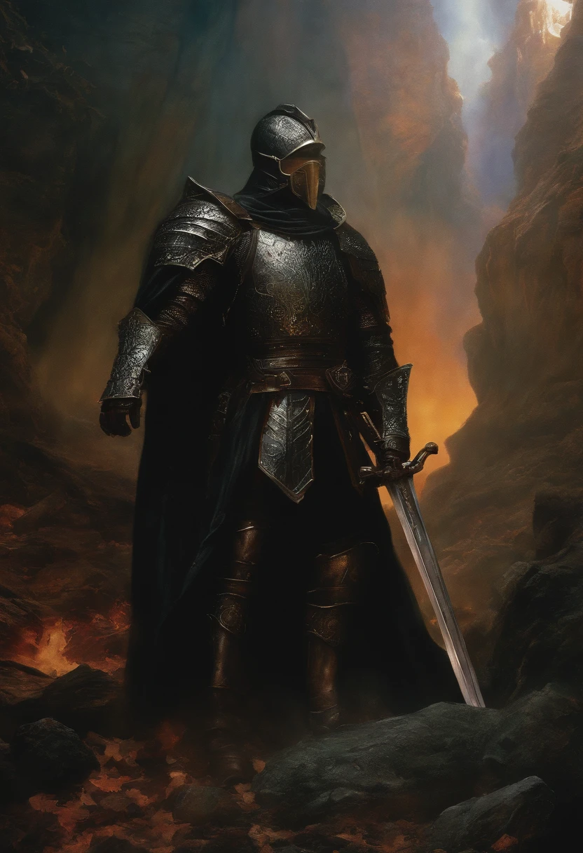 dark fantasy, oil painting style, 1980's dvd, knight, ray tracing effects, cyberpunk, berserk, noisy photo effect, broken glass