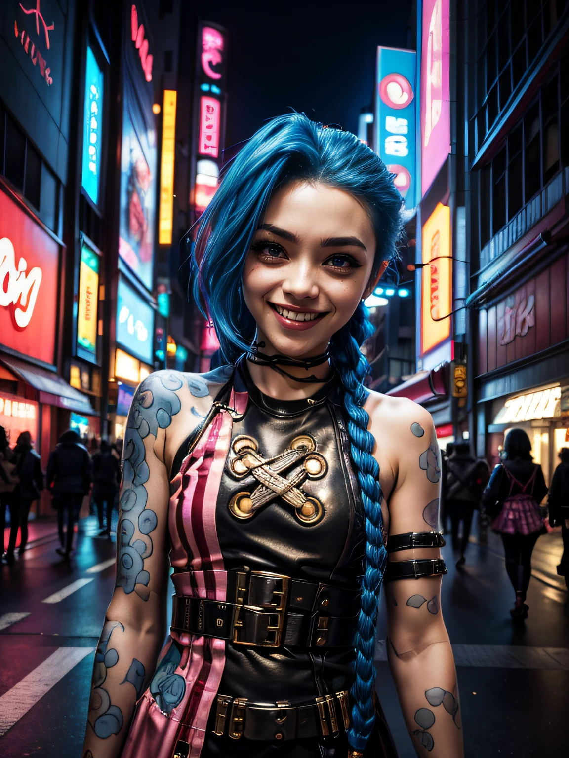 ((Jinx is dressed in a Harajuku Tech costume), (fisheyelens), self-shot, Cowboy shot, Wind, Messy hair, cyberpunk city landscape, (Aesthetics and atmosphere:1.2),Smiling, Laughing，wide wide shot