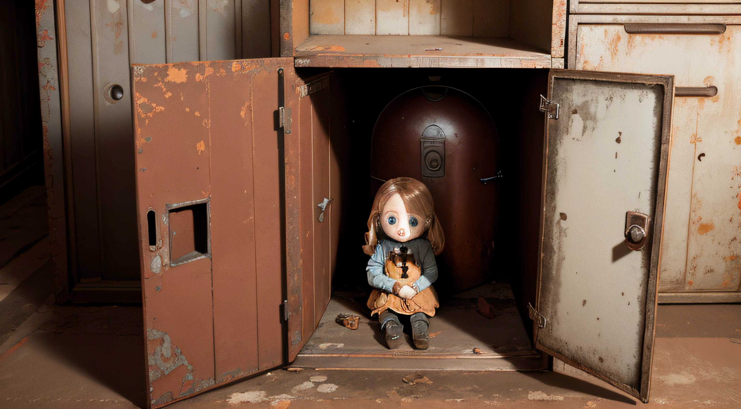 rusty dust locker with creepy doll inside