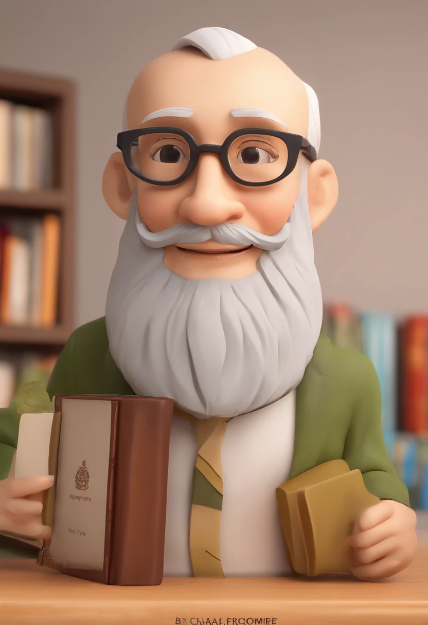 Please generate a cute 3D character inspired by an old teacher, with big white beard, glasses and bold head and position it in close proximity to an anime-style avatar. The 3D character should embody the following characteristics:

The 3D character should have a friendly and approachable facial expression, featuring a warm smile, round expressive eyes conveying wisdom and kindness, and glasses perched on the nose, similar to Paulo Freire's. The character should have light skin with rosy cheeks.

Dress the 3D character in casual, comfortable clothing with vibrant and cheerful colors, such as a button-up shirt or a casual blazer in inviting shades like blue or green. Add a brown belt around the character's waist.

Accessories for the 3D character include comfortable shoes like loafers or sneakers, and they should hold a book under their arm to symbolize Paulo Freire's dedication to education. The book should have a colorful cover.

Place both the 3D character and the anime-style avatar in an educational setting, like a colorful classroom or library, to highlight Paulo Freire's contributions to education. Ensure the background creates a friendly and inviting atmosphere.

Style the 3D character with smooth and appealing contours in a 3D cartoon-like appearance. Utilize soft and warm lighting to enhance their overall cuteness and friendliness.

Please generate the characters in a high-resolution format suitable for digital and print use.