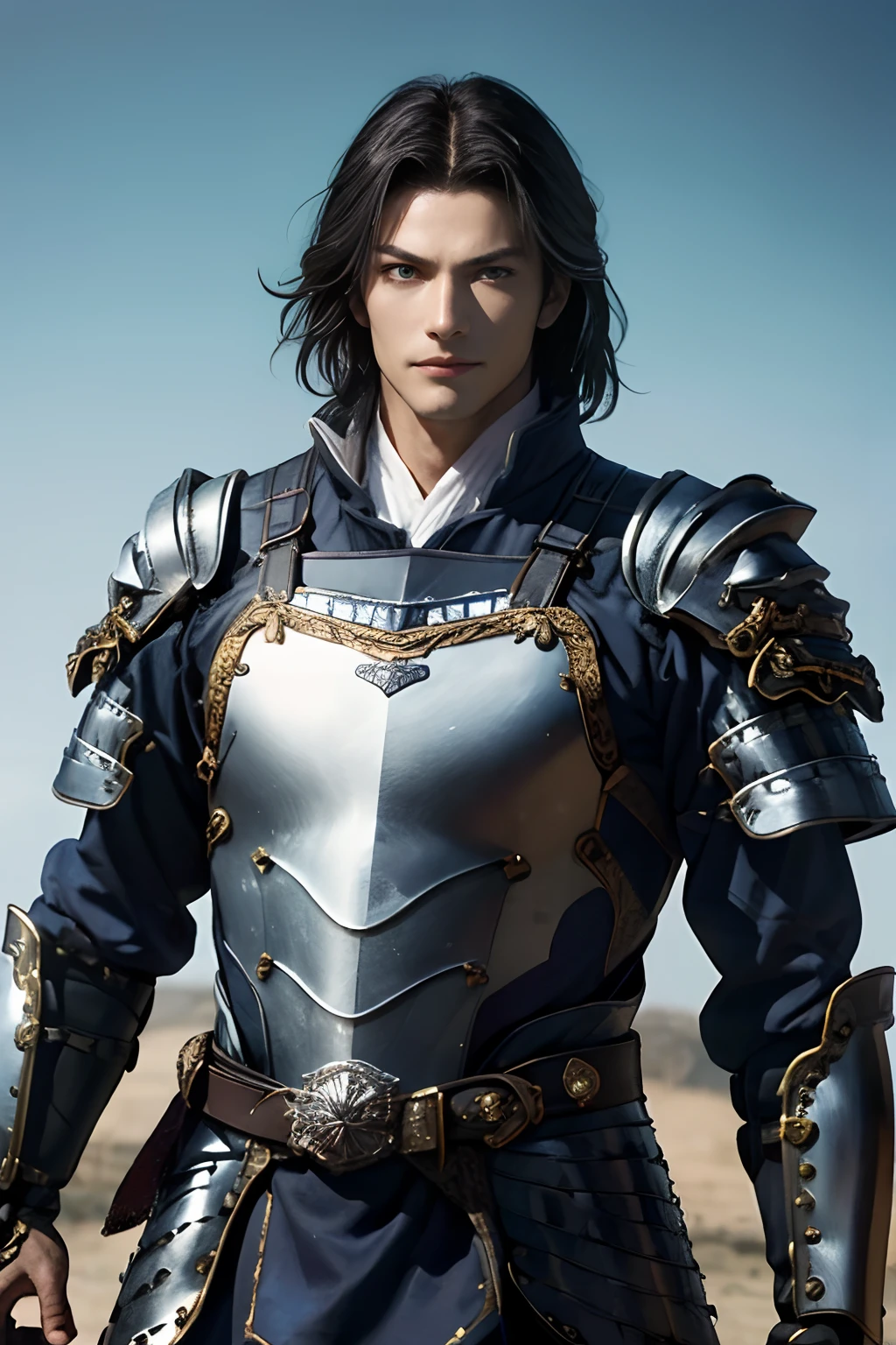 (absurderes、hight resolution、ultra-detailliert)、1 male human、Beautiful Boys:1.2、a handsome:1.5、tall muscular man、broad shoulder、finely eye、nobles、Dark hair、blue eyess、three kingdom、(Luxurious Metal Silver Armor:1.3)、Thick man in law、Dandy Handsome Man、trick、cowboy  shot、Refreshing prince、Western armor、The protagonist:1.3、、mournful smile