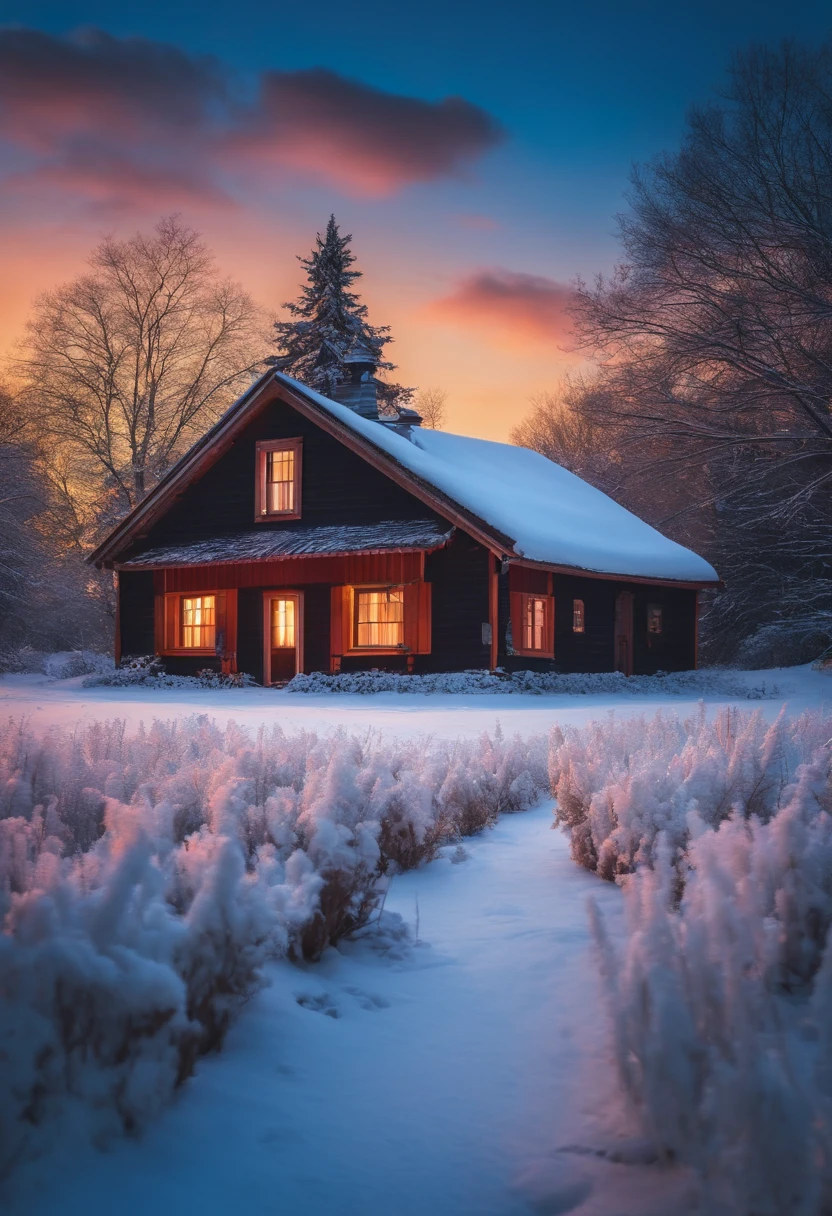 Paisagem durante a noite em um dia de neve com aves sobrevoando uma casa isolada