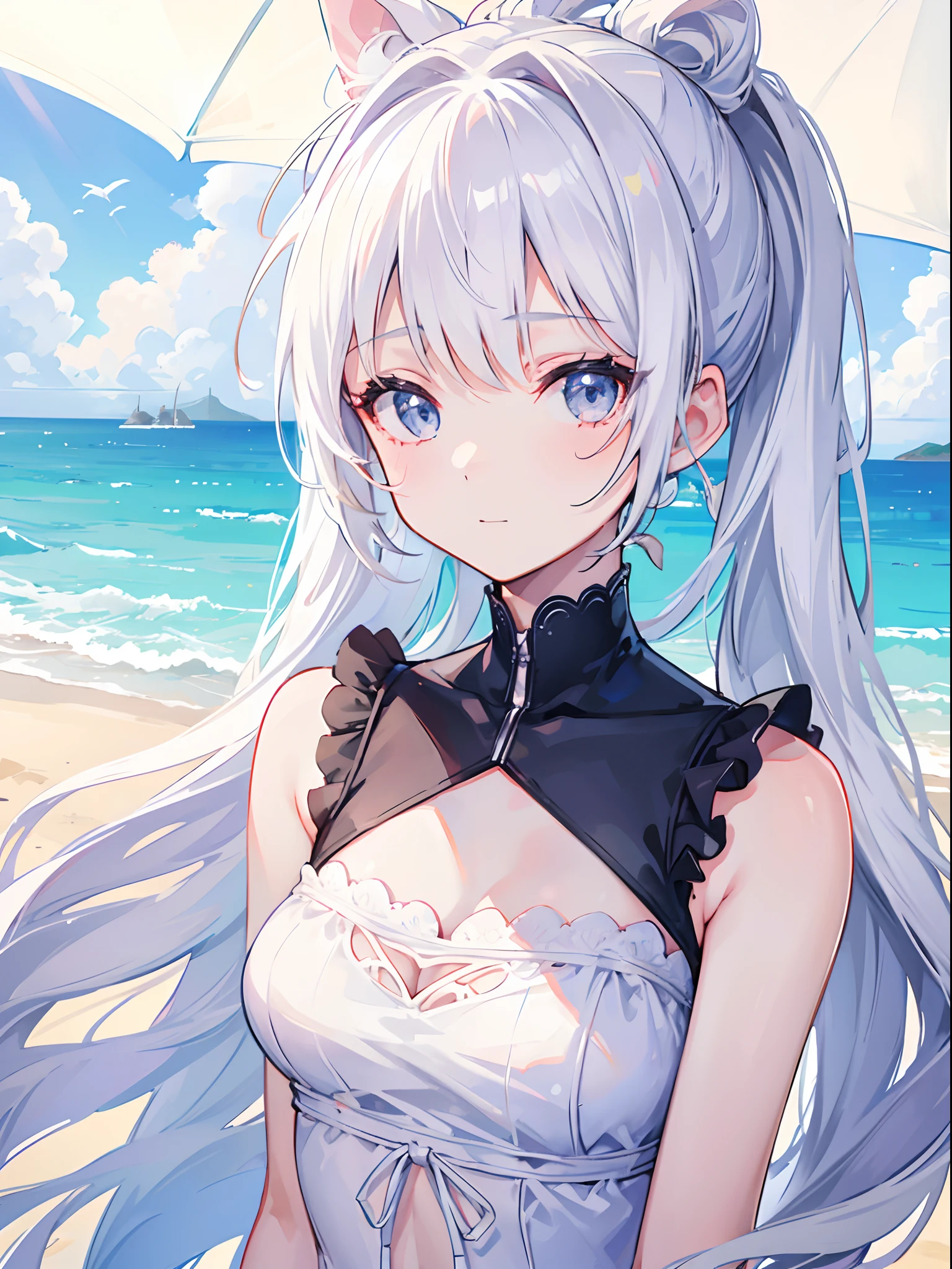 1girl, white ponytail hair, tying hair, happy facial expression, sleeveless dress, summer vibe, beach view, half body, ultrasharp, 8K, masterpiece, looking sideway