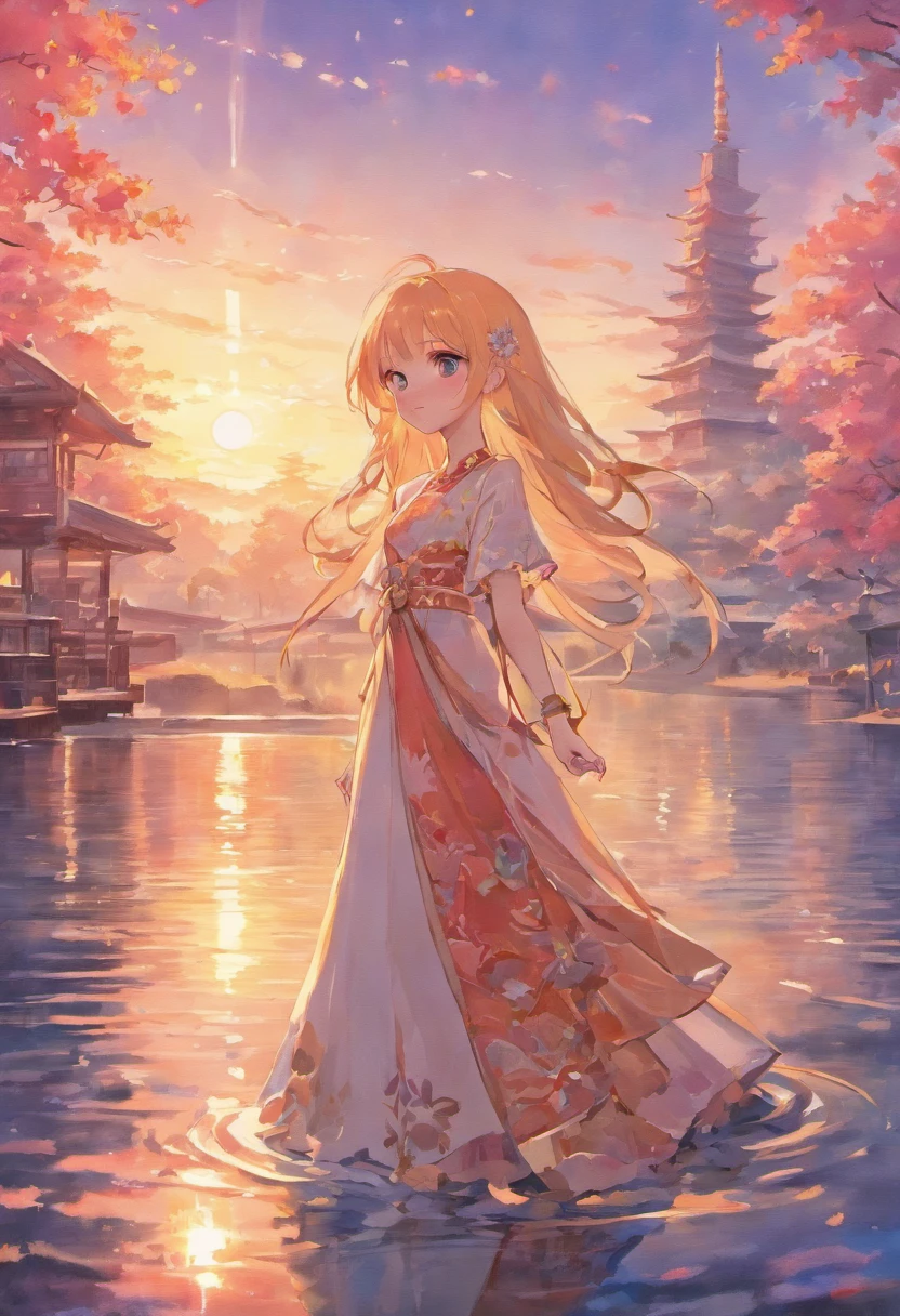1 girl, serene expressions, mesmerizing eyes, Straight long hair, A flowing dress, poised posture, Porcelain Skin, subtle blush, Crystal Pendant BREAK Golden Hour, (Rim lighting):1.2, Warm tones, solar flare, Soft shadows, Vibrant colors, painterly effect, dreamy atmosphere BREAK scenic lake, mountain in the distance, willow trees, calm water, reflection, sunlit clouds, peaceful ambiance, idyllic sunset, ultra-detailliert, Official art, Unity 8k壁纸 , Zentangle, mandalas