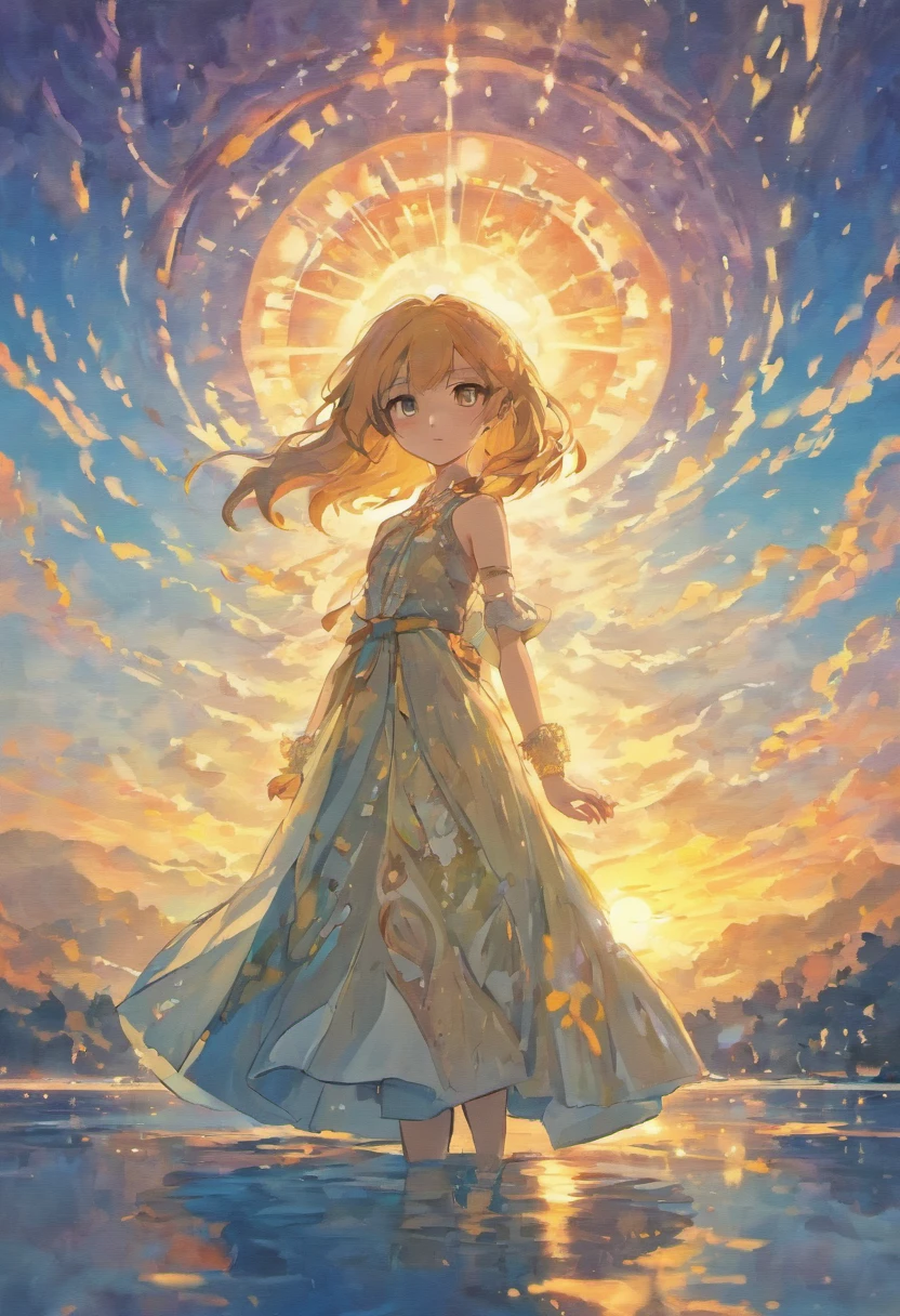 1 girl, serene expressions, mesmerizing eyes, Straight long hair, A flowing dress, poised posture, Porcelain Skin, subtle blush, Crystal Pendant BREAK Golden Hour, (Rim lighting):1.2, Warm tones, solar flare, Soft shadows, Vibrant colors, painterly effect, dreamy atmosphere BREAK scenic lake, mountain in the distance, willow trees, calm water, reflection, sunlit clouds, peaceful ambiance, idyllic sunset, ultra-detailliert, Official art, Unity 8k壁纸 , Zentangle, mandalas