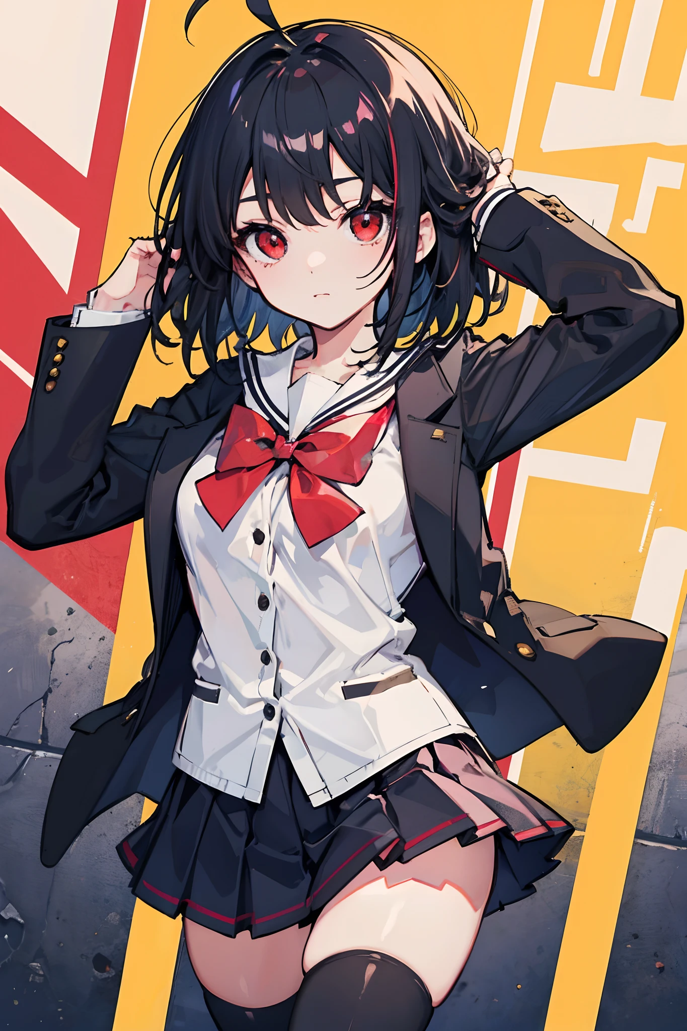 masterpiece, best quality, bishoujo, medium hair, black hair, ahoge, red eyes, black thighhighs, school uniform,