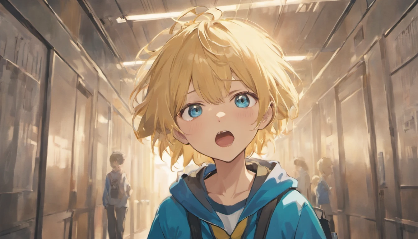 a teenager boy with blonde hair blue eyes shouting any school corridor, illustrations, 4k, face only