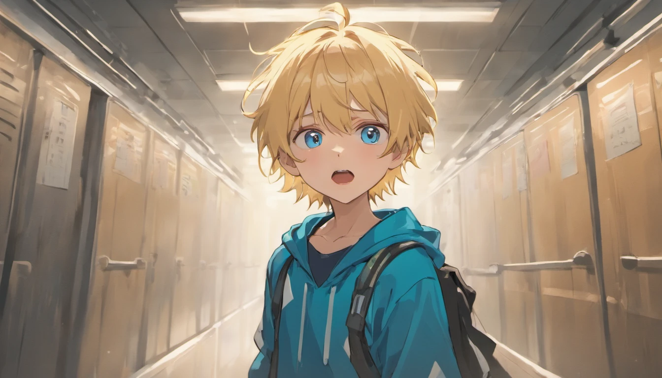 a teenager boy with blonde hair blue eyes shouting any school corridor, illustrations, 4k, face only
