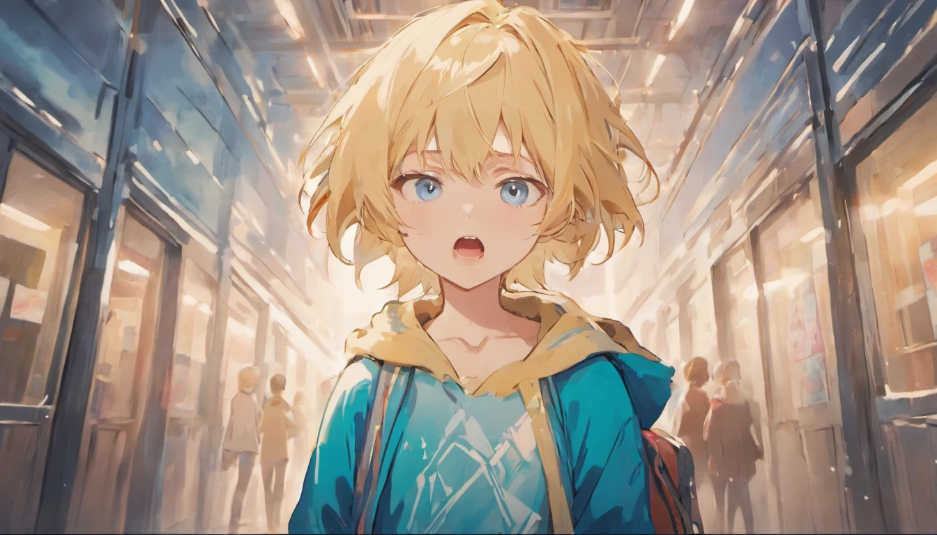 a boy with blonde hair blue eyes shouting any school corridor, illustrations, 4k, face only