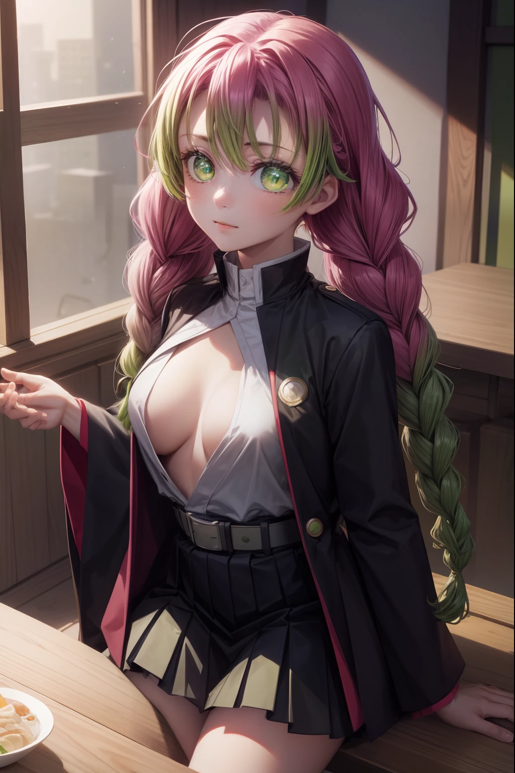 mitsurikanroji, mitsuri kanroji, braid, gradient hair, (green eyes:1.5), green hair, long hair, mole,  mole under eye, multicolored hair, pink hair, twin braids, two-tone hair,
BREAK belt, black skirt, cleavage, coat, demon slayer uniform, haori, japanese clothes, long sleeves, miniskirt,  partially unbuttoned, pleated skirt, skirt, uniform,
BREAK looking at viewer,
BREAK indoors,
BREAK (masterpiece:1.2), best quality, high resolution, unity 8k wallpaper, (illustration:0.8), (beautiful detailed eyes:1.6), extremely detailed face, perfect lighting, extremely detailed CG, (perfect hands, perfect anatomy),