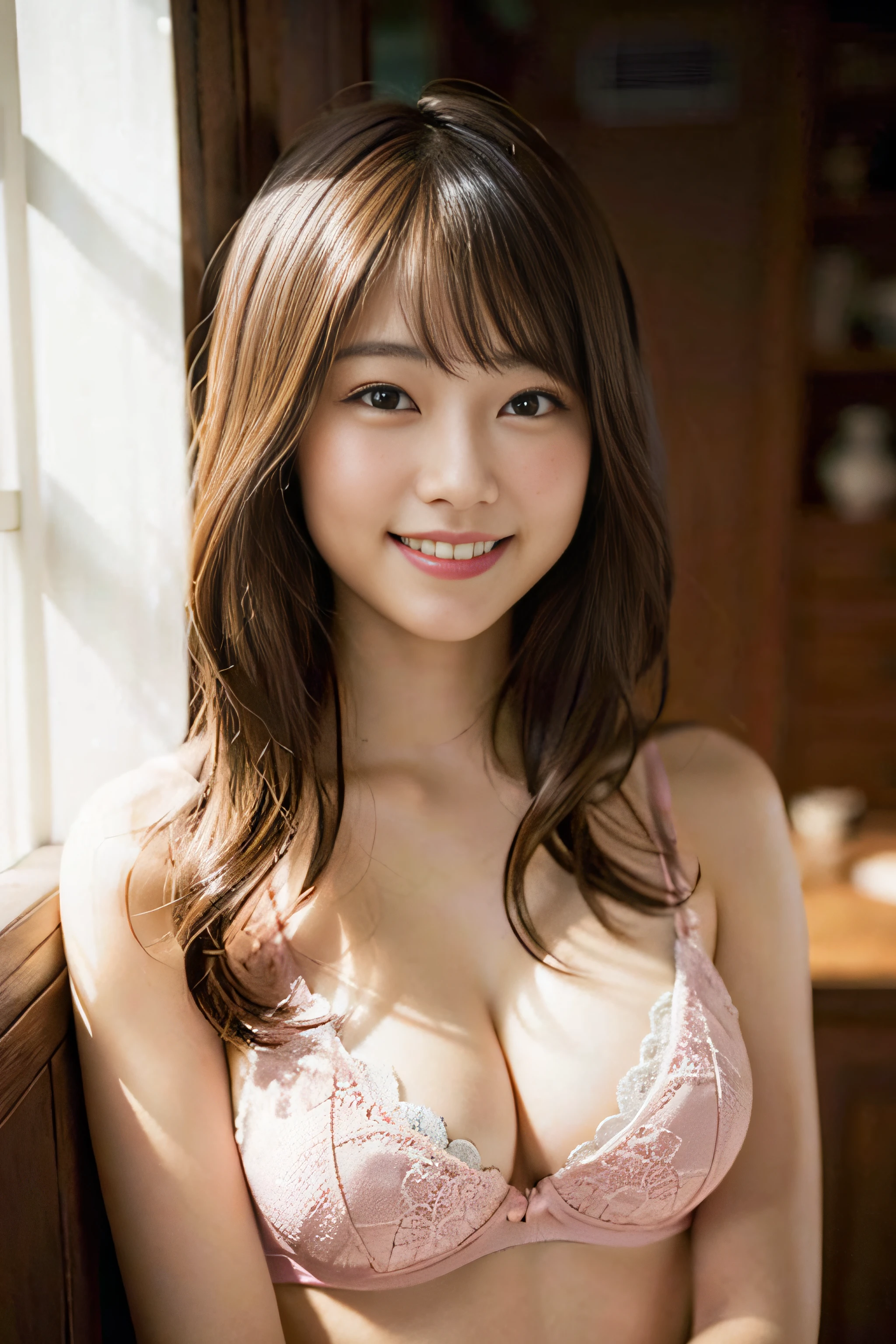 (8K、Raw photography、top-quality、masterpiece:1.2)、(realisitic、Photorealsitic:1.37)、ultra-detailliert、超A high resolution、1人、see the beholder、beautifull detailed face、A smile、Constriction、(Slim waist) :1.3)、Beautiful detailed skin、Skin Texture、Floating hair、Professional Lighting、Whole human body、Longhaire、a blond、undergarment、White and pink、Lace underwear、cleavage of the breast、Happy smile、15yudent、Cute smile、E Cup Breast、Poses that emphasize breasts,